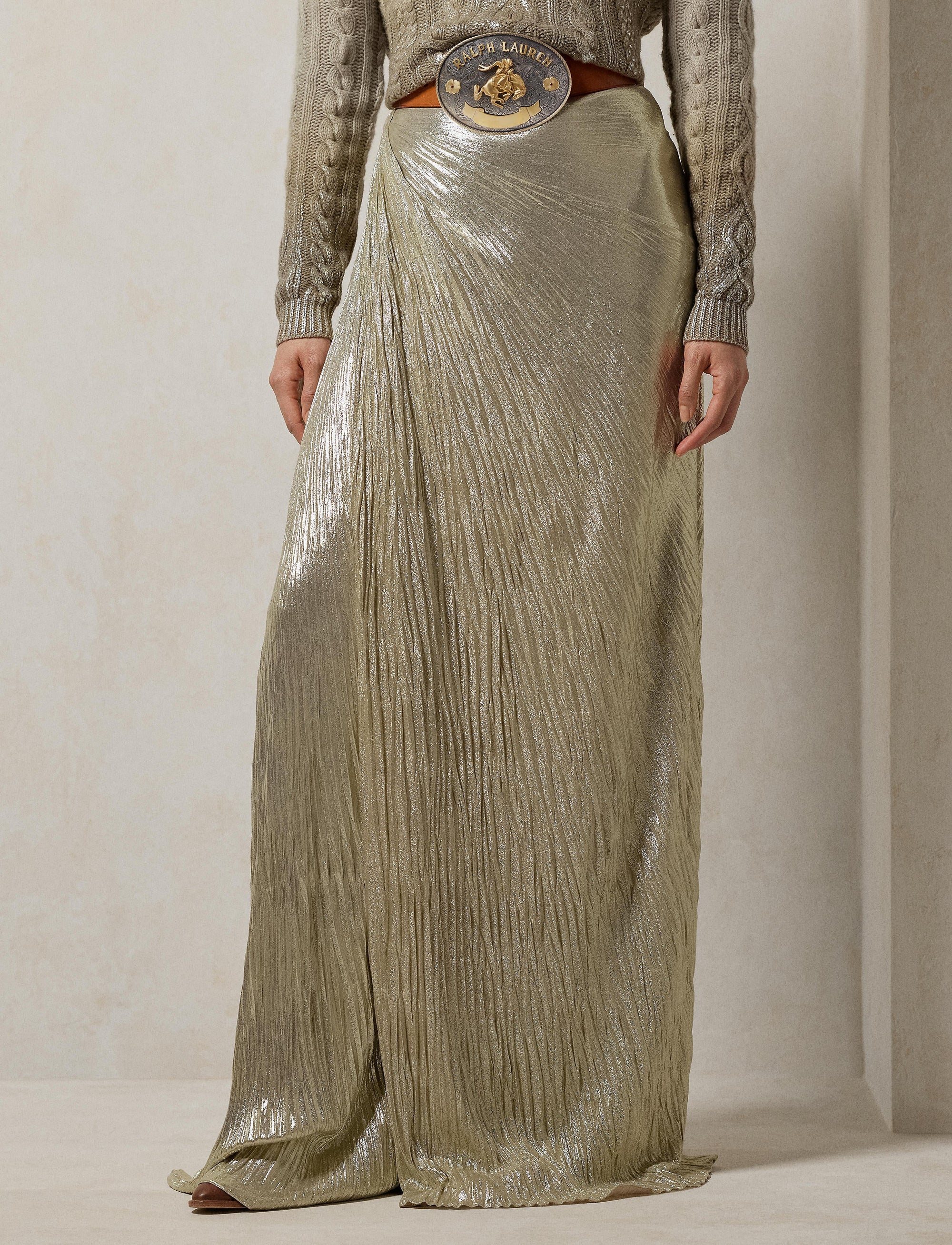 Metallic pleated Duvall skirt - Quartz Tan