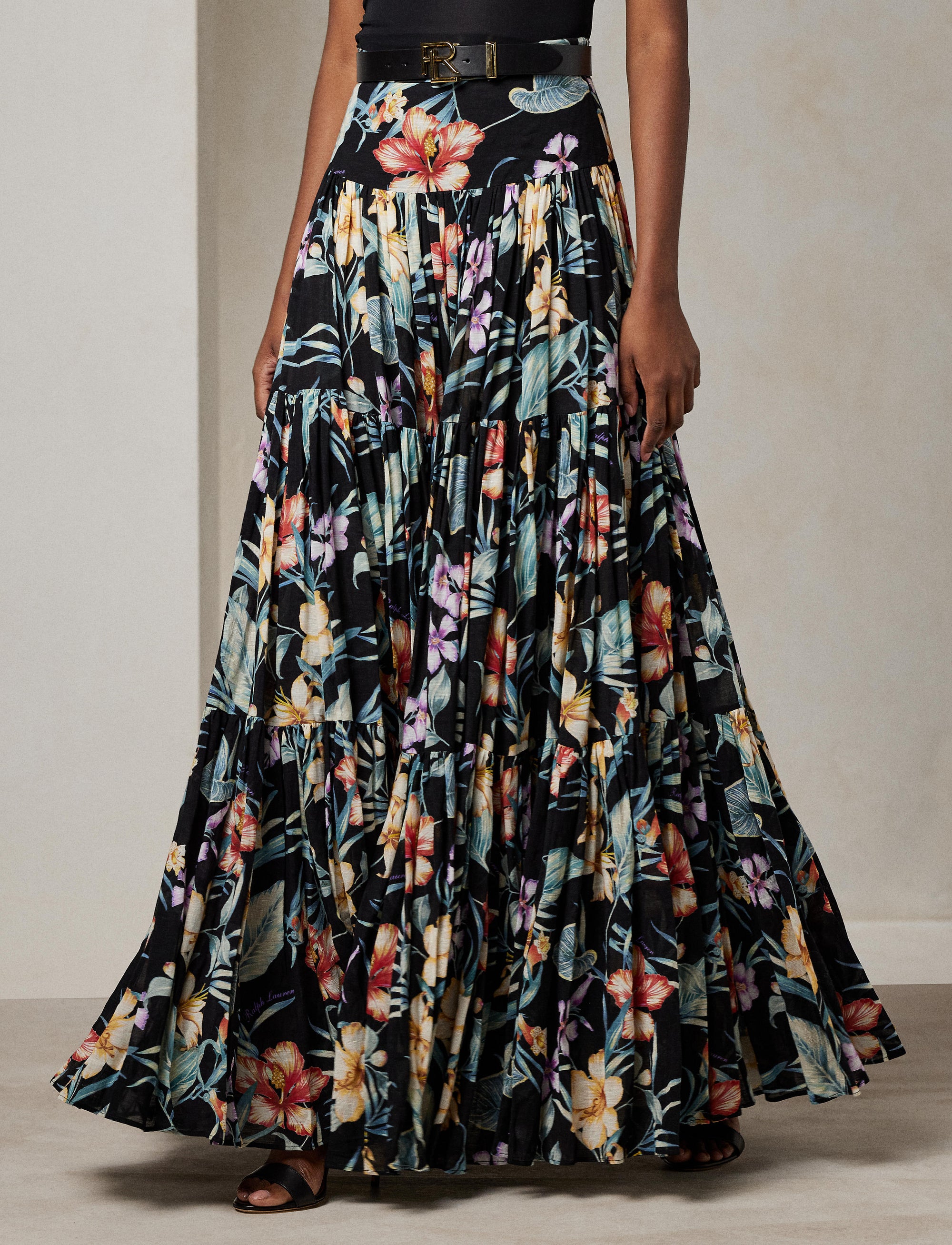 Maxi jupe Sutton à motif voile de lin - Black Multi