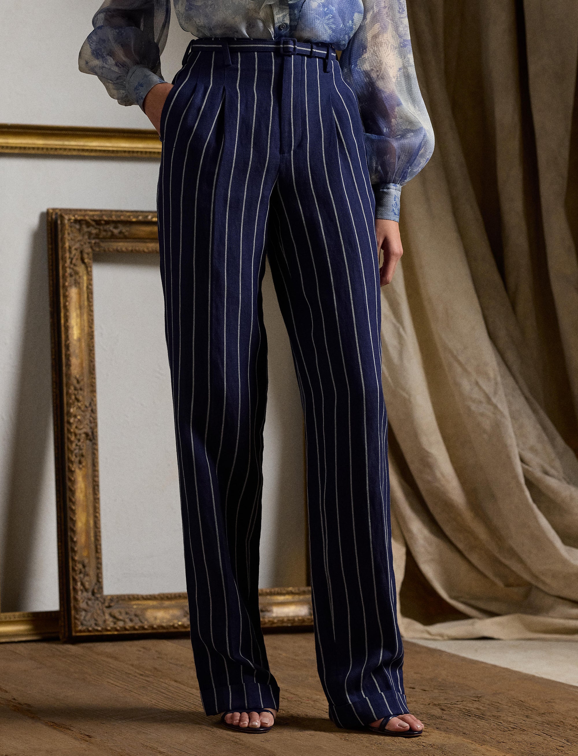 Pantalon rayé Stamford en lin et coton - Lux Navy & Cream