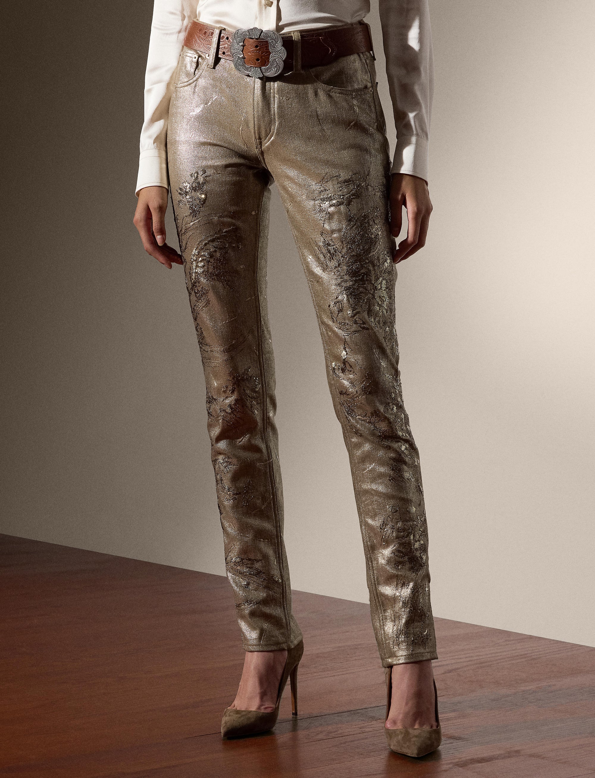 160 denim slim jeans with decoration - Champagne