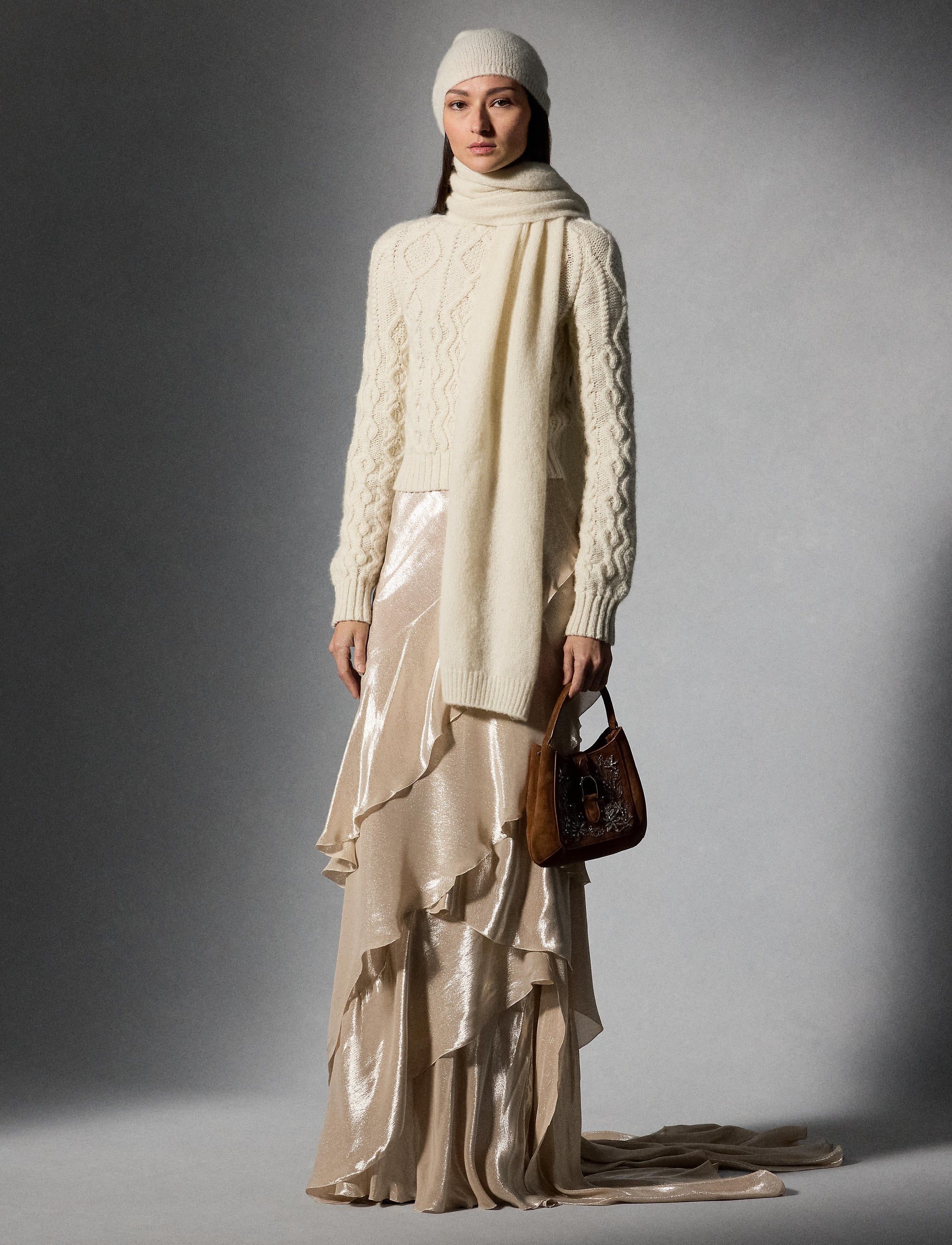 Aran cashmere knitted funnel neck jumper - Classic Cream