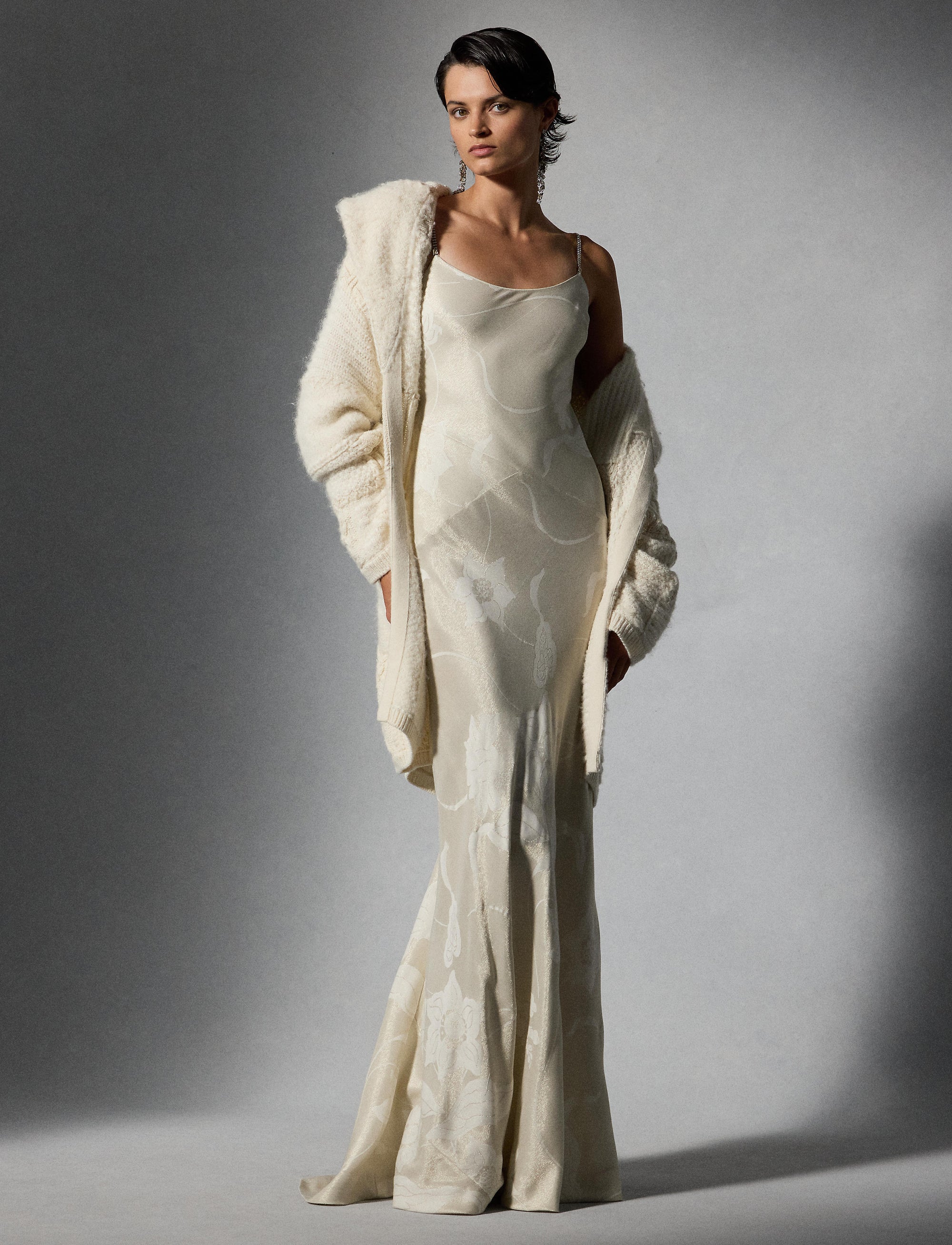 Wool cashmere blend patchwork cardigan with shawl collar - Classic Cream