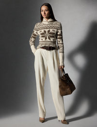 Pull col châle tricoté main en cachemire - Classic Cream & Taupe