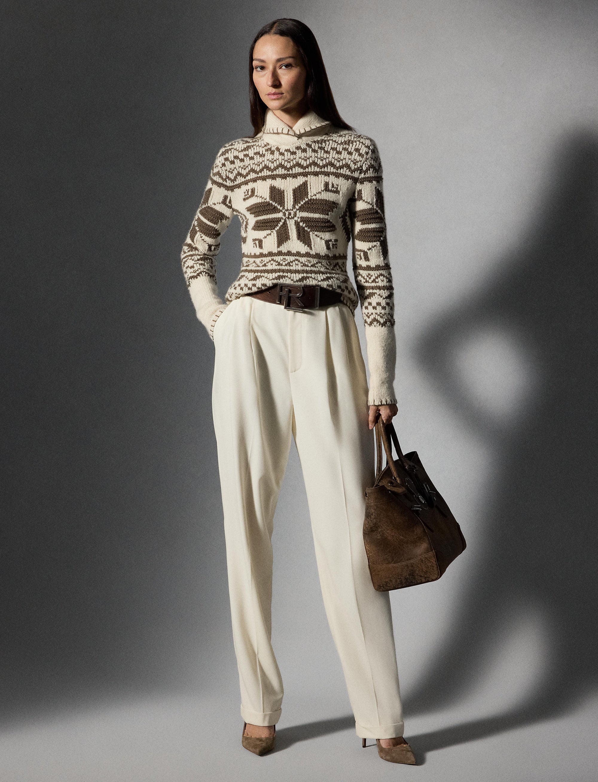 Pull col châle tricoté main en cachemire - Classic Cream & Taupe