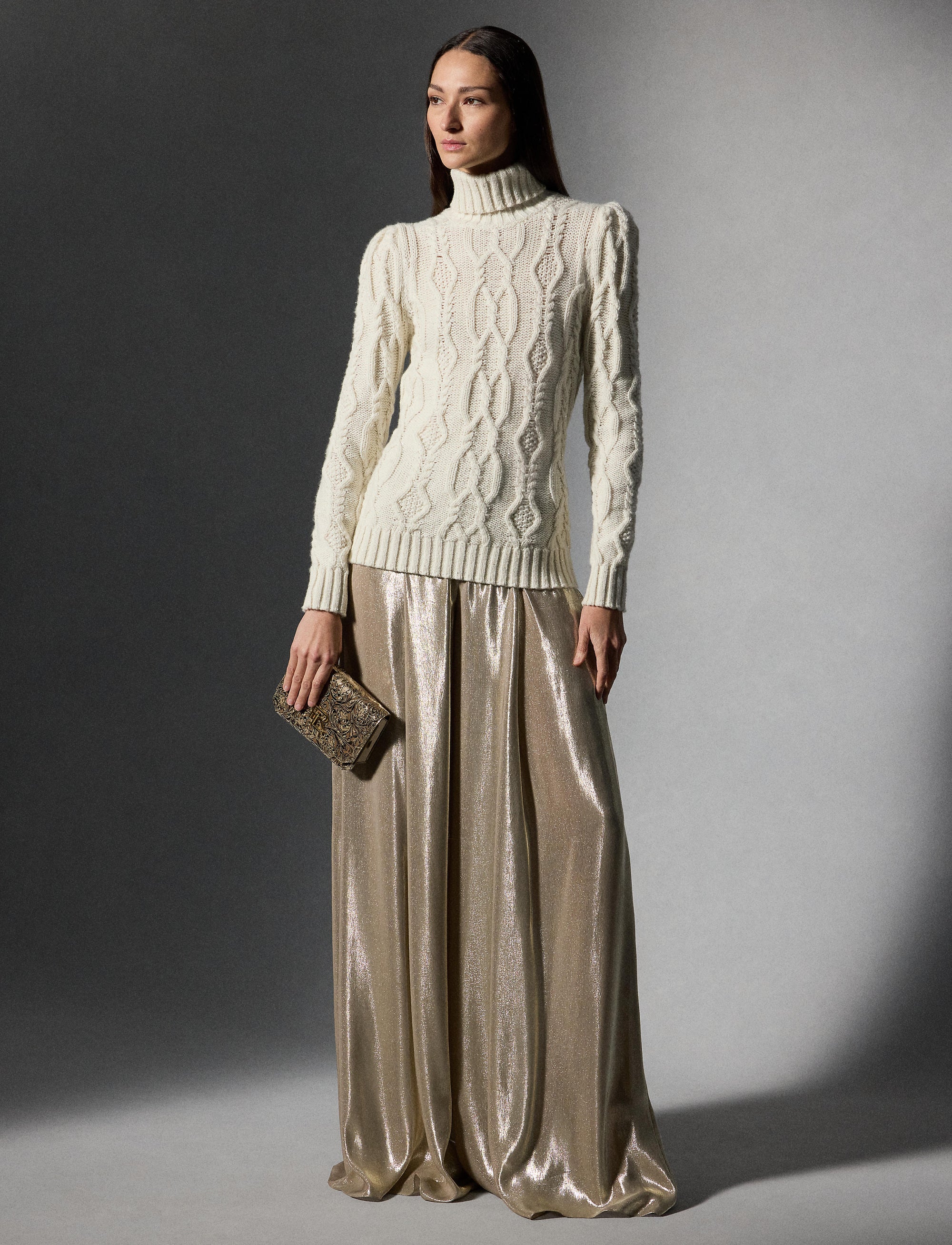 Aran sequin turtleneck roll-neck jumper in wool and cashmere blend - Classic Cream