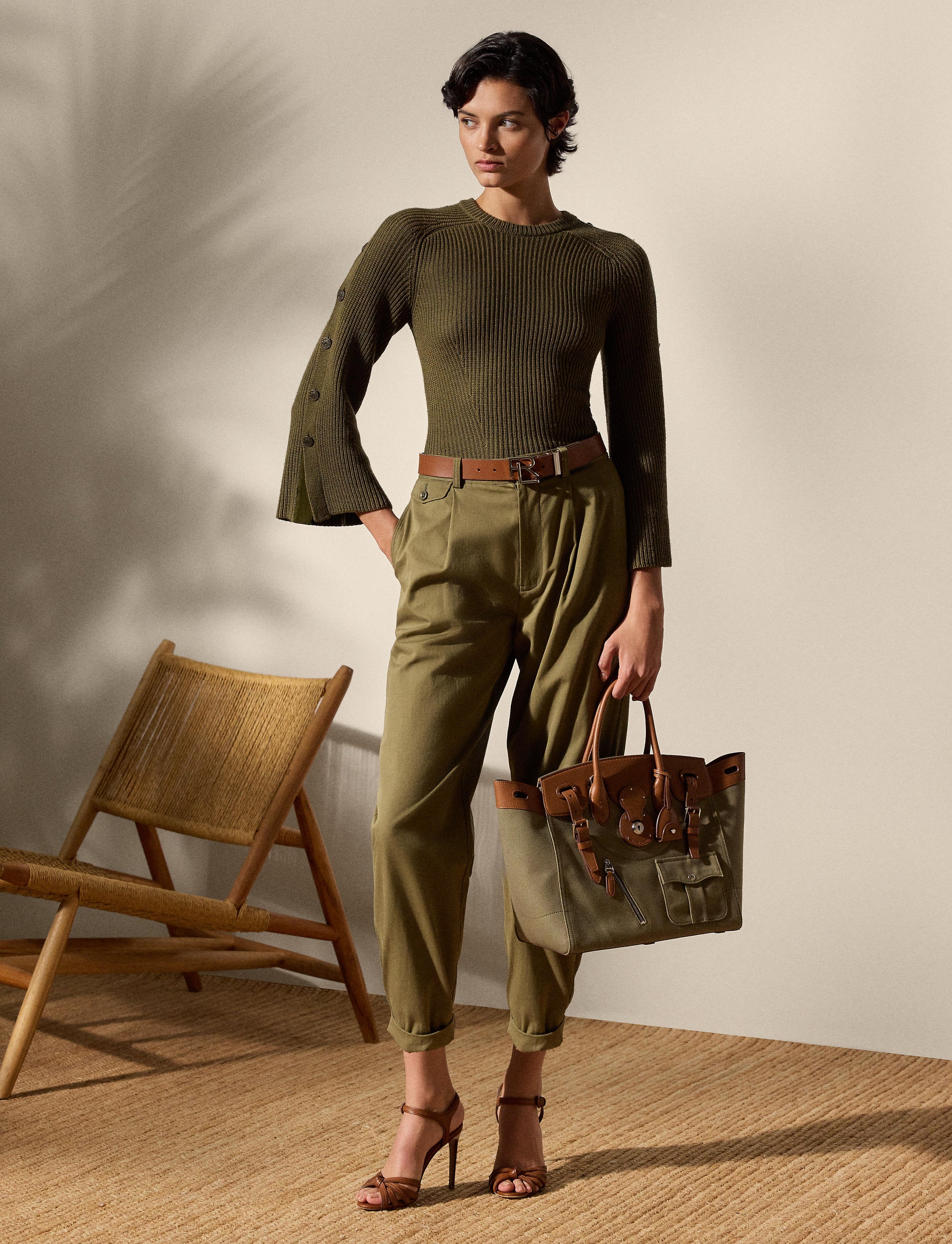 Pull côtelé boutonné en laine et soie - Moss