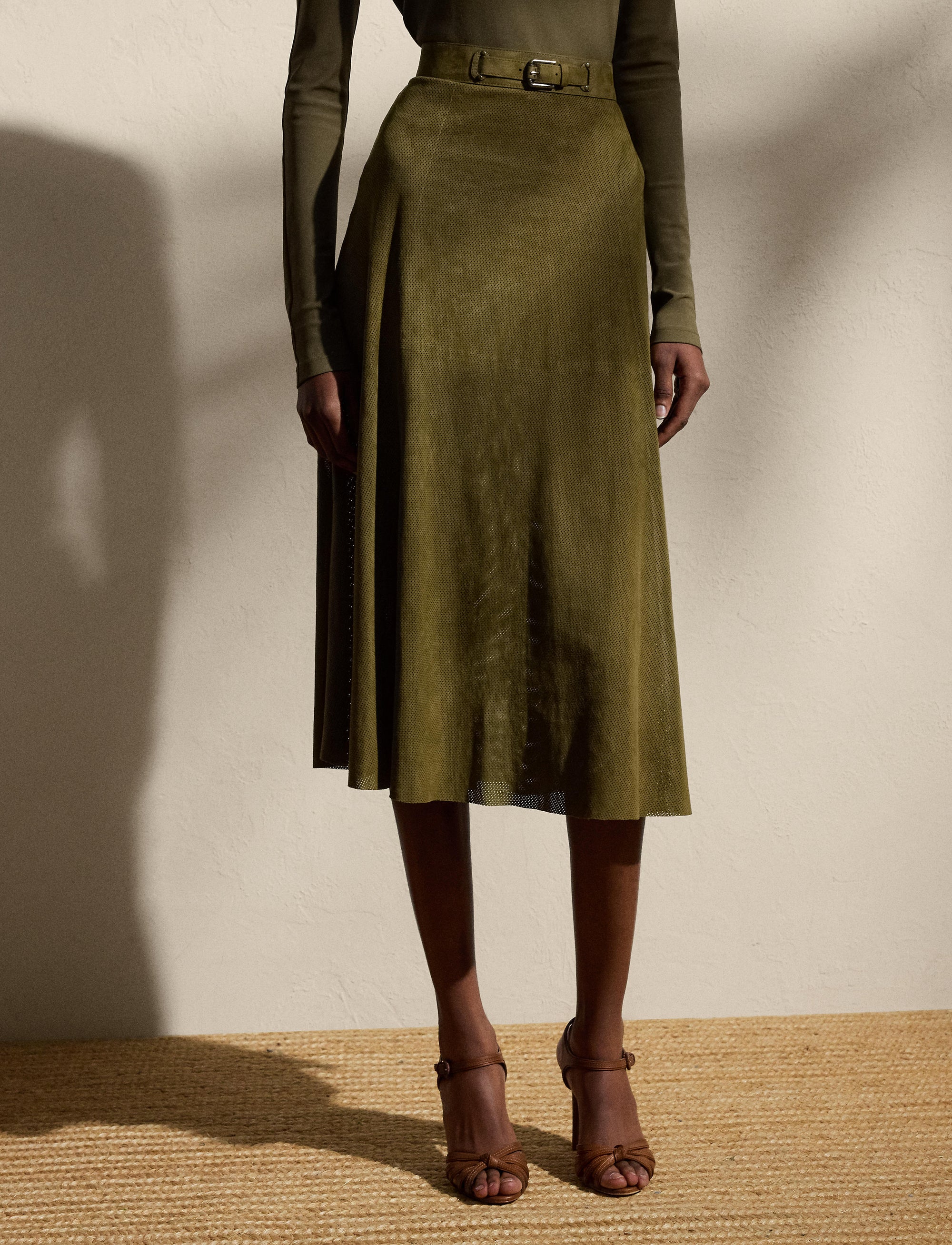 Jupe Kensley perforée en cuir - Moss