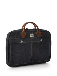 Leather-trimmed denim briefcase - Indigo