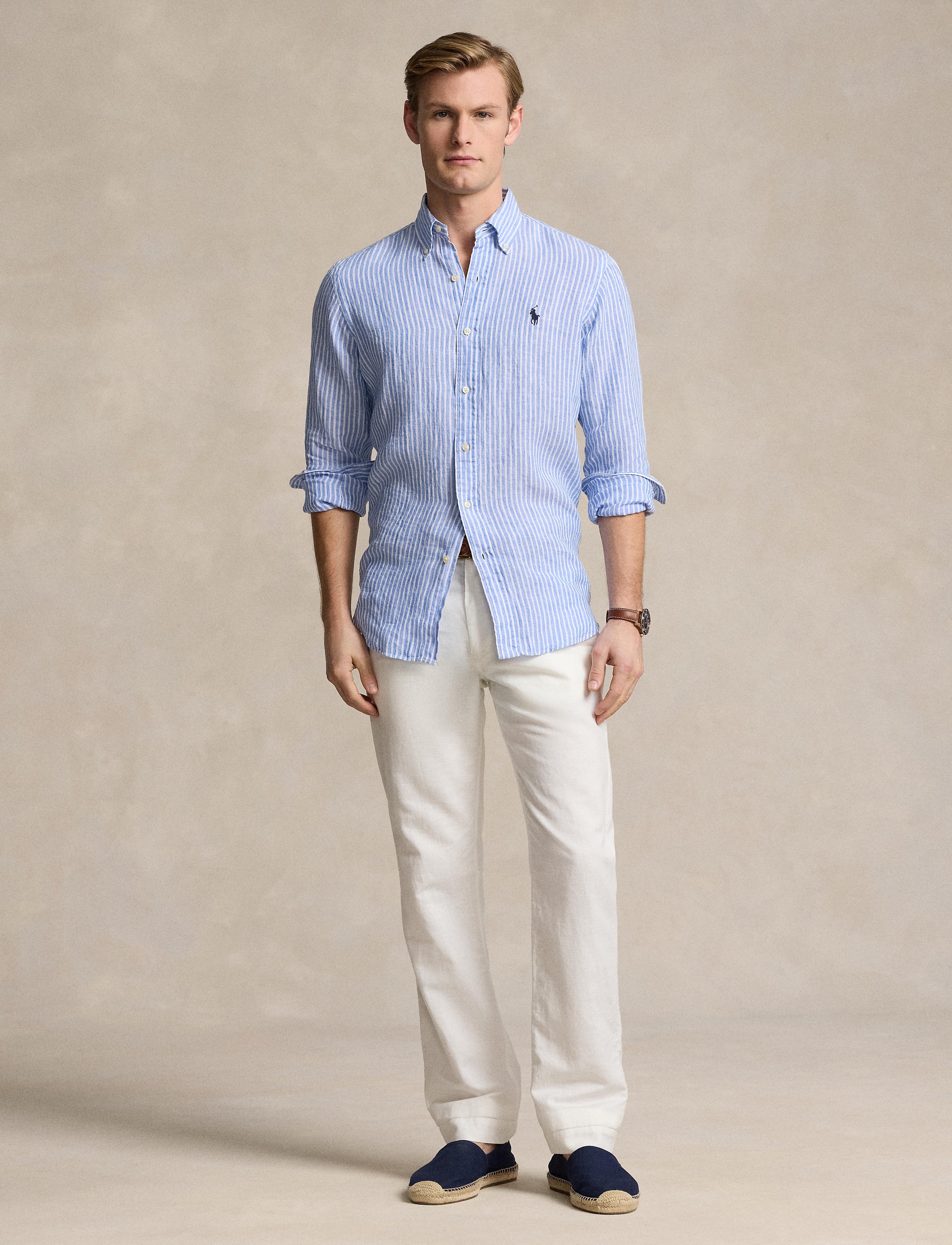 Chemise rayée Custom Fit en lin - Blue & White