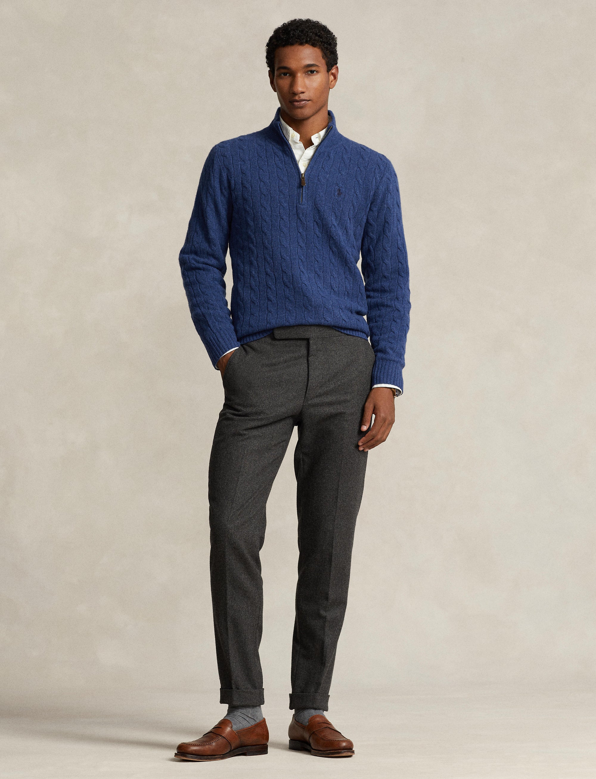 Pull torsadé demi-zippé en laine - Rustic Navy Heather