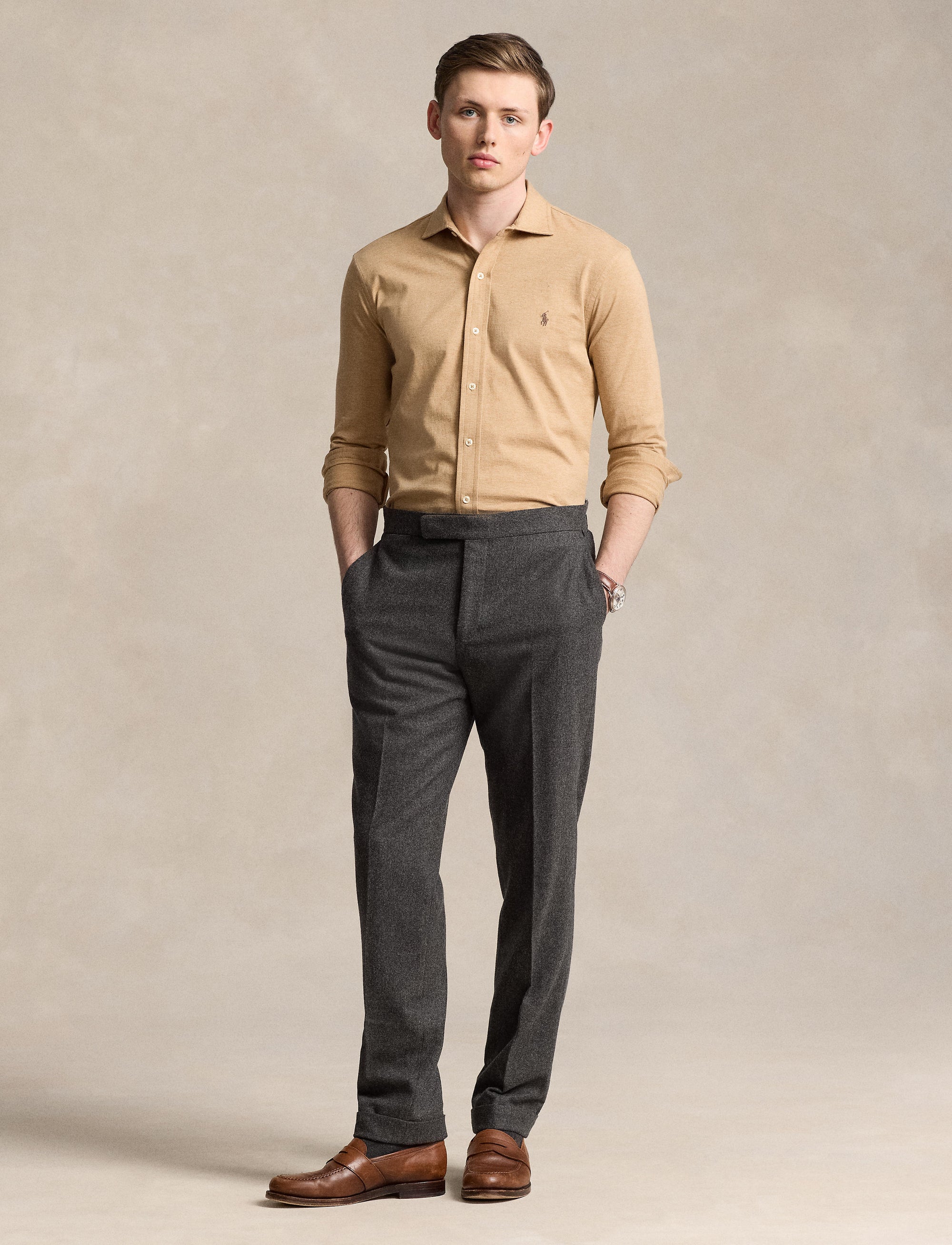 Chemise à col évasé en jersey  - Classic Camel Hthr