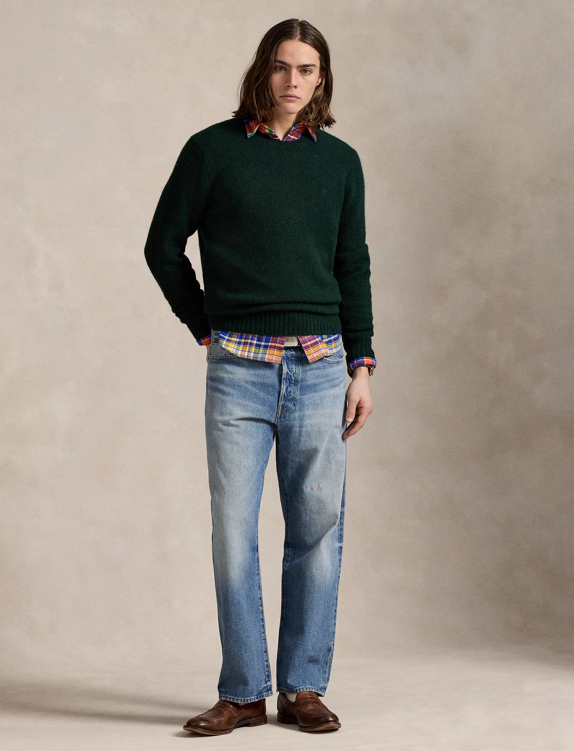 Pull col rond texturé en laine - Moss Agate