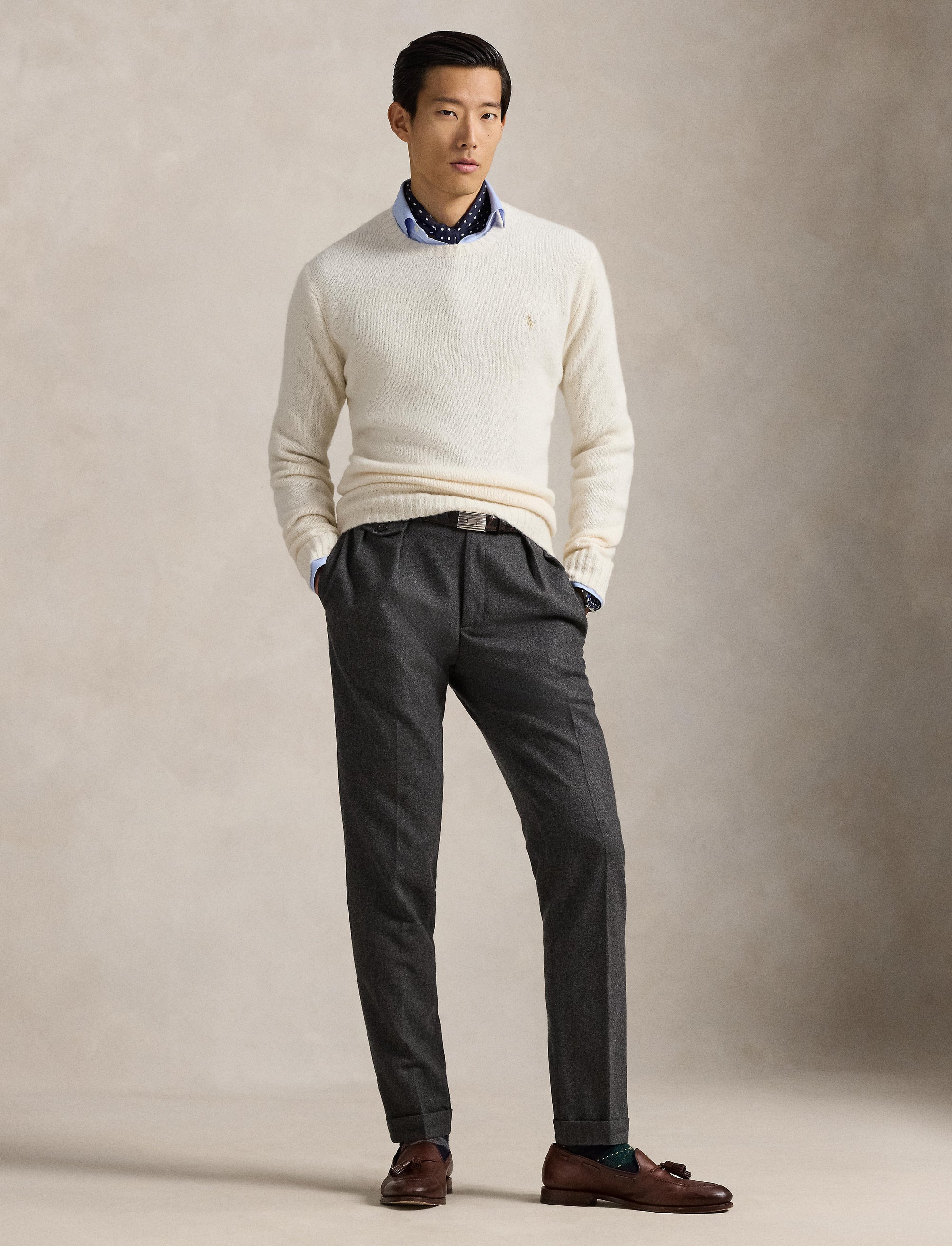 Pull col rond texturé en laine - Cream Tonal Pp