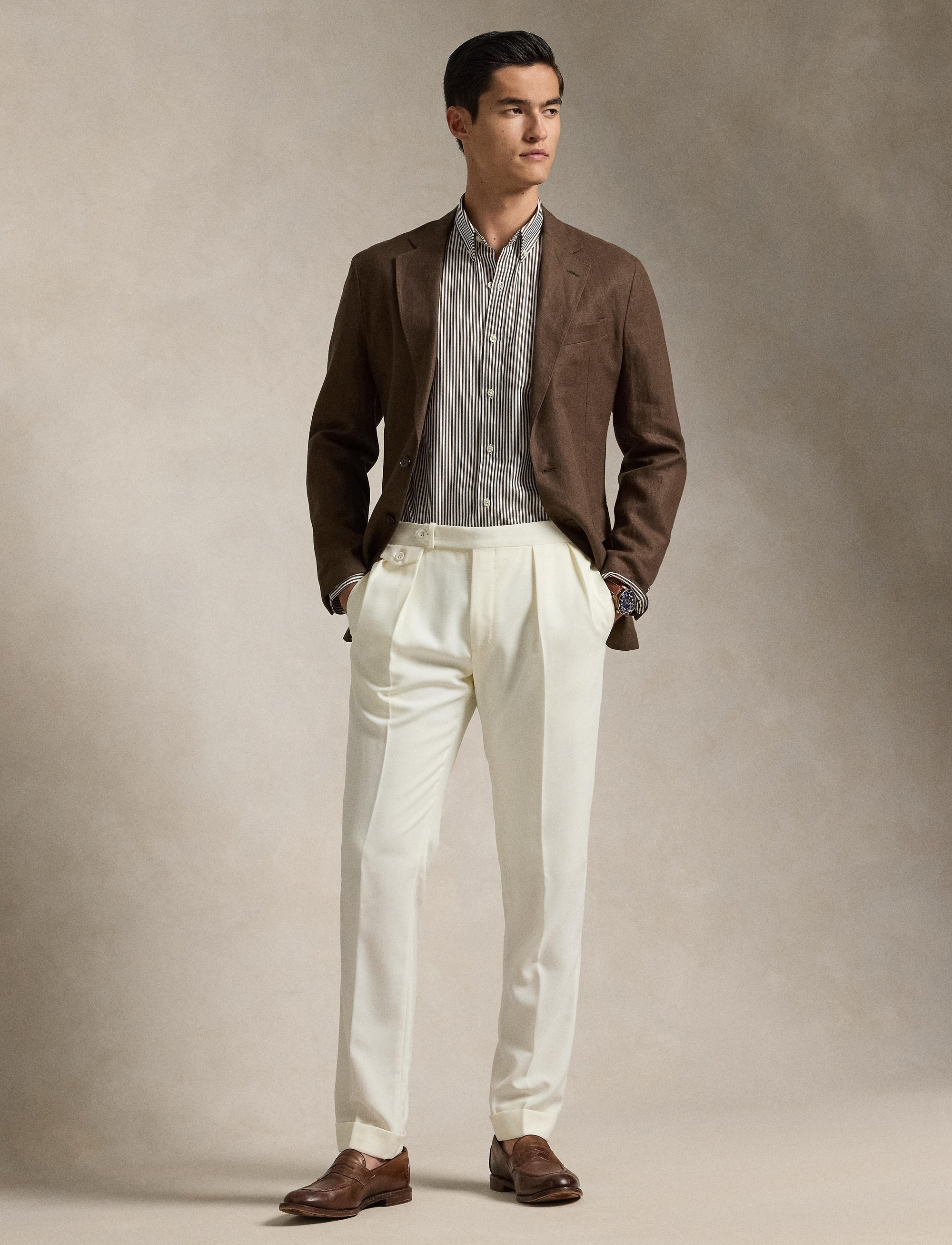 Chemise rayée Custom Fit popeline - Cooper Brown & White