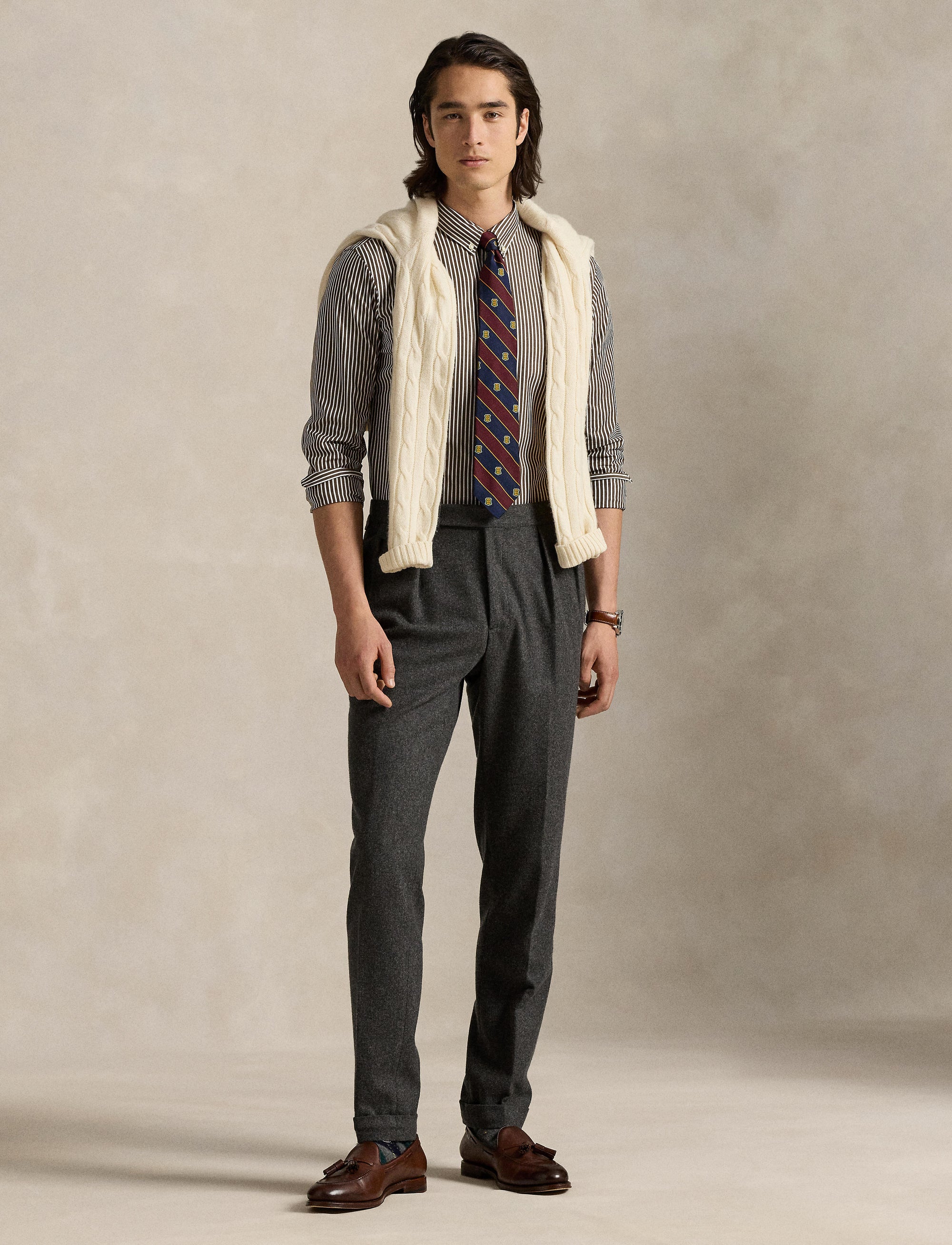 Chemise rayée Custom Fit popeline - Copper Brown & White