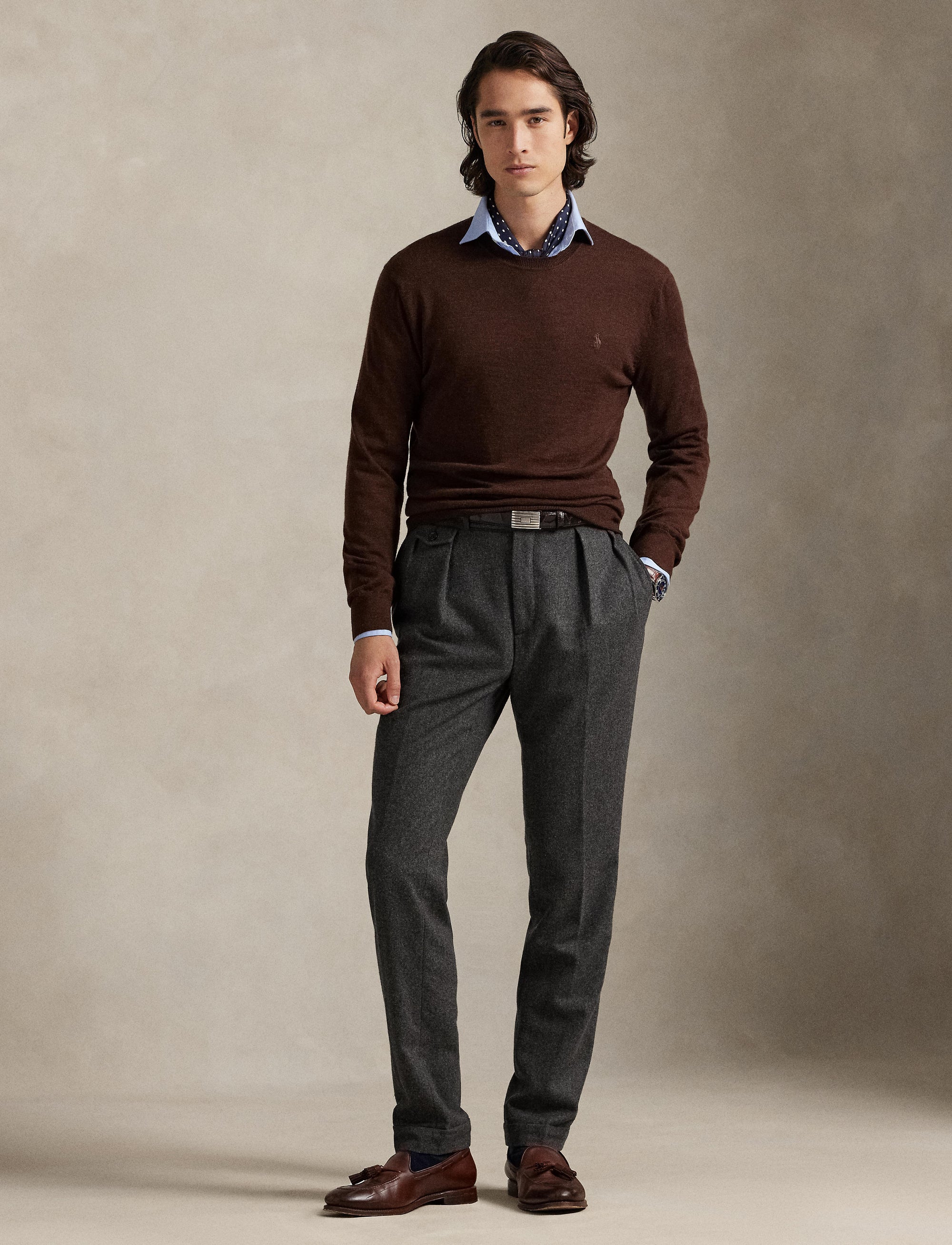 Pull col rond lavable Slim Fit en laine - Burnt Brown Melange