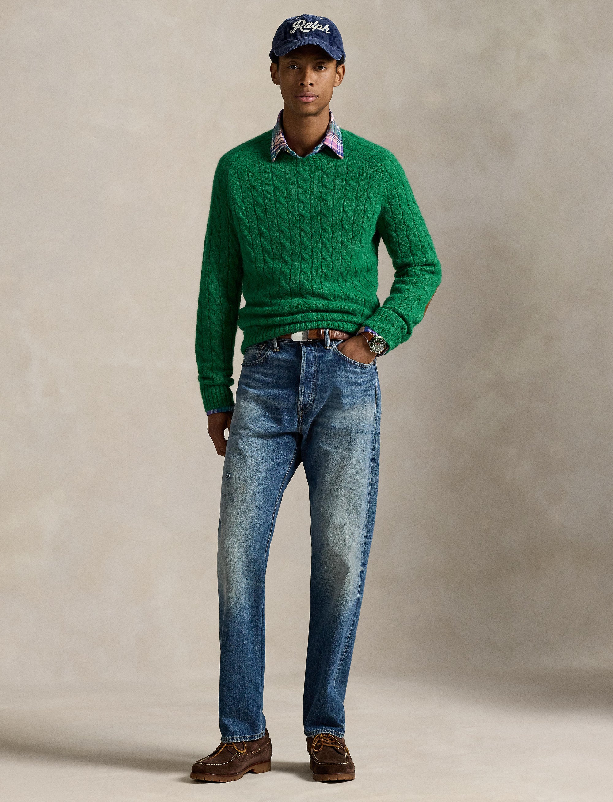 Pull torsadé à renforts en daim - Basil Green