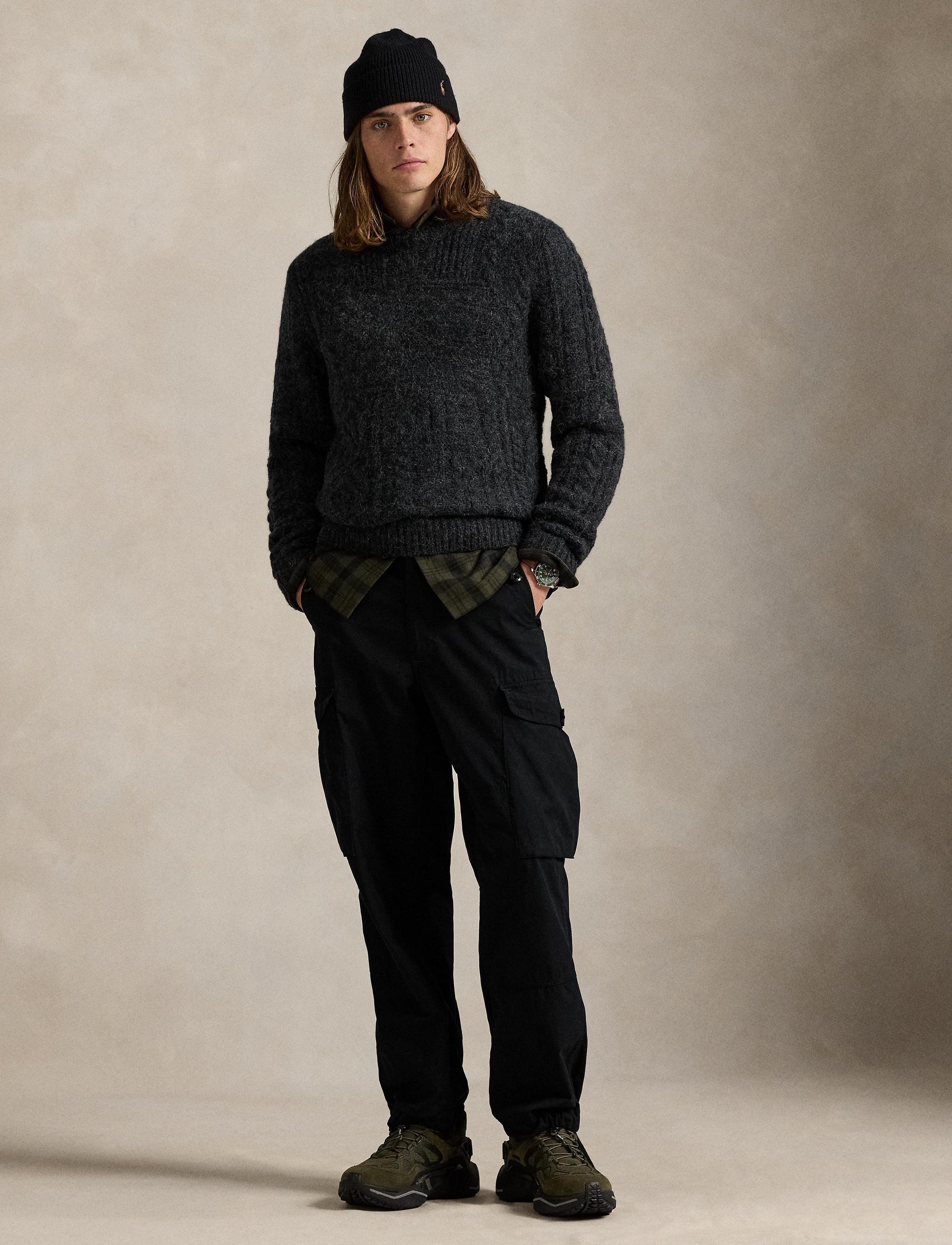 Pull drapeau tricot d'Aran en laine - Dark Granite Heather
