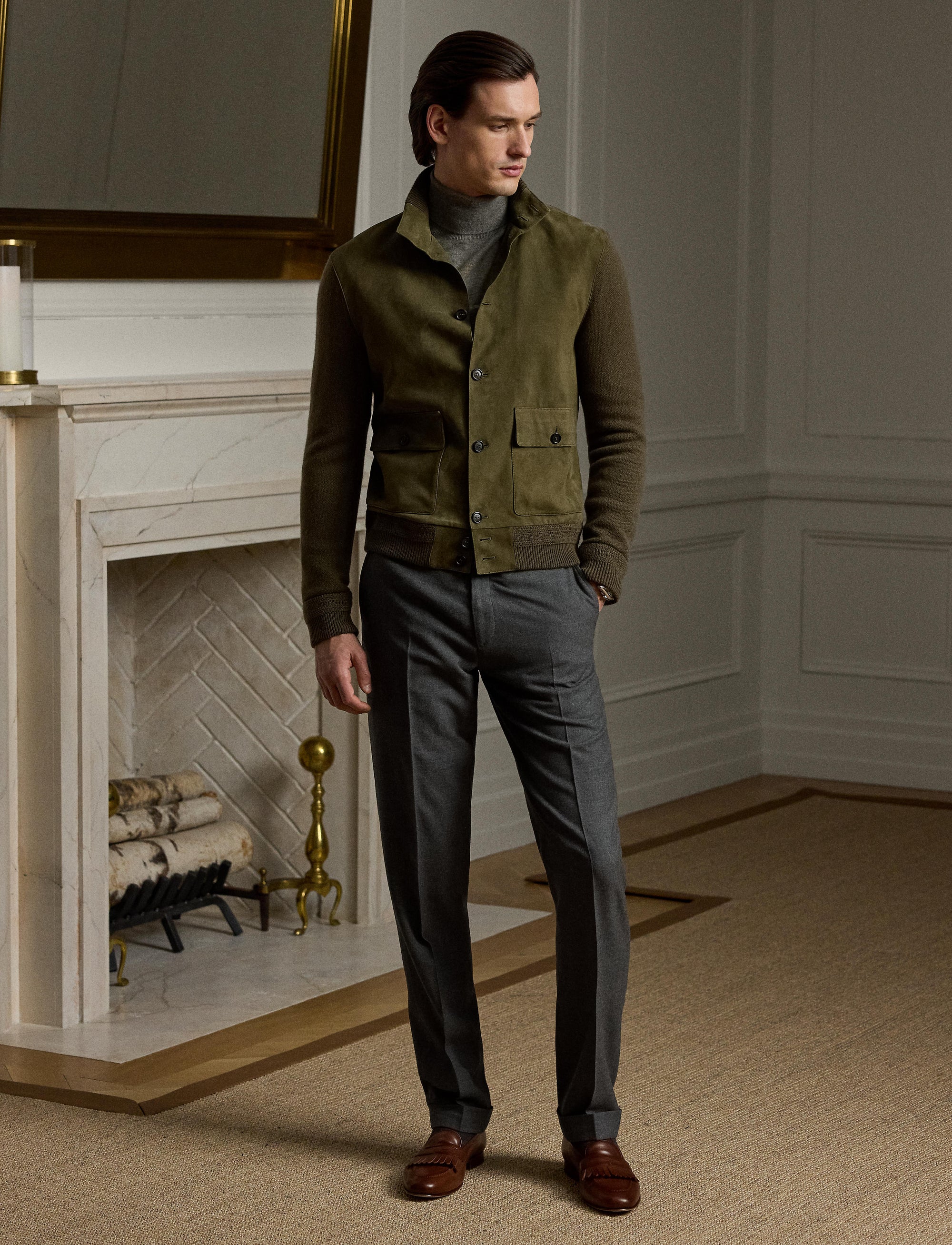 Cashmere and suede blend cardigan - Thicket Moss Melange