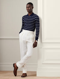 Pull rayé à col polo en coton - Spring Navy &  Optic White