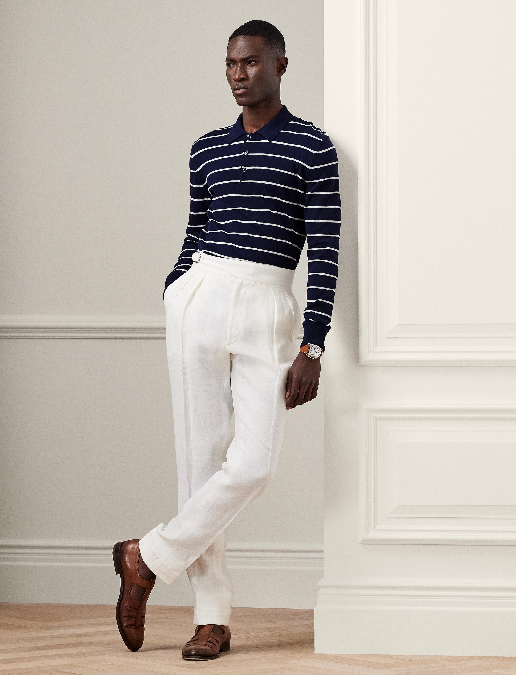 Pull rayé à col polo en coton - Spring Navy &  Optic White