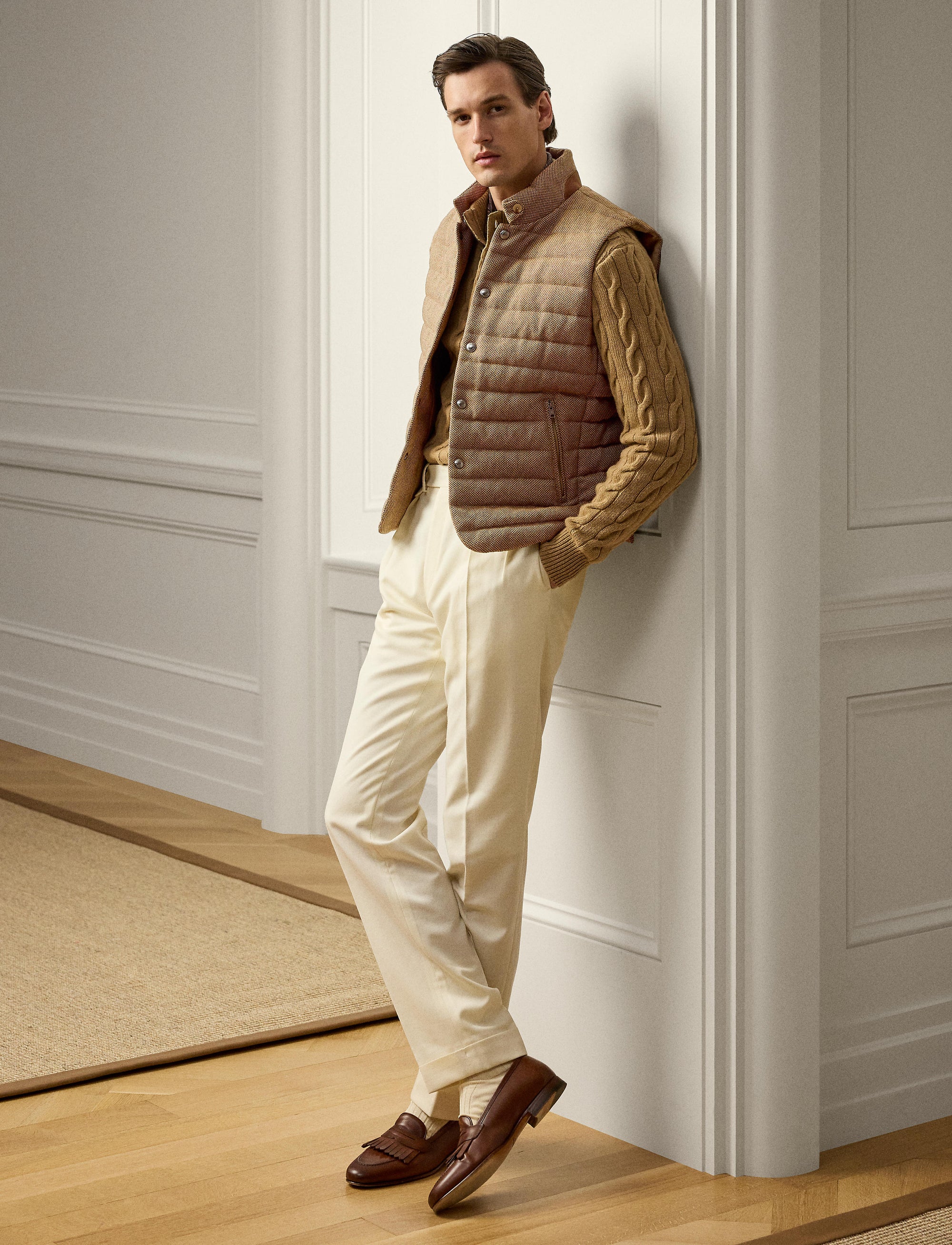 Gilet matelassé en laine et lin mélangé - Tan & Brown