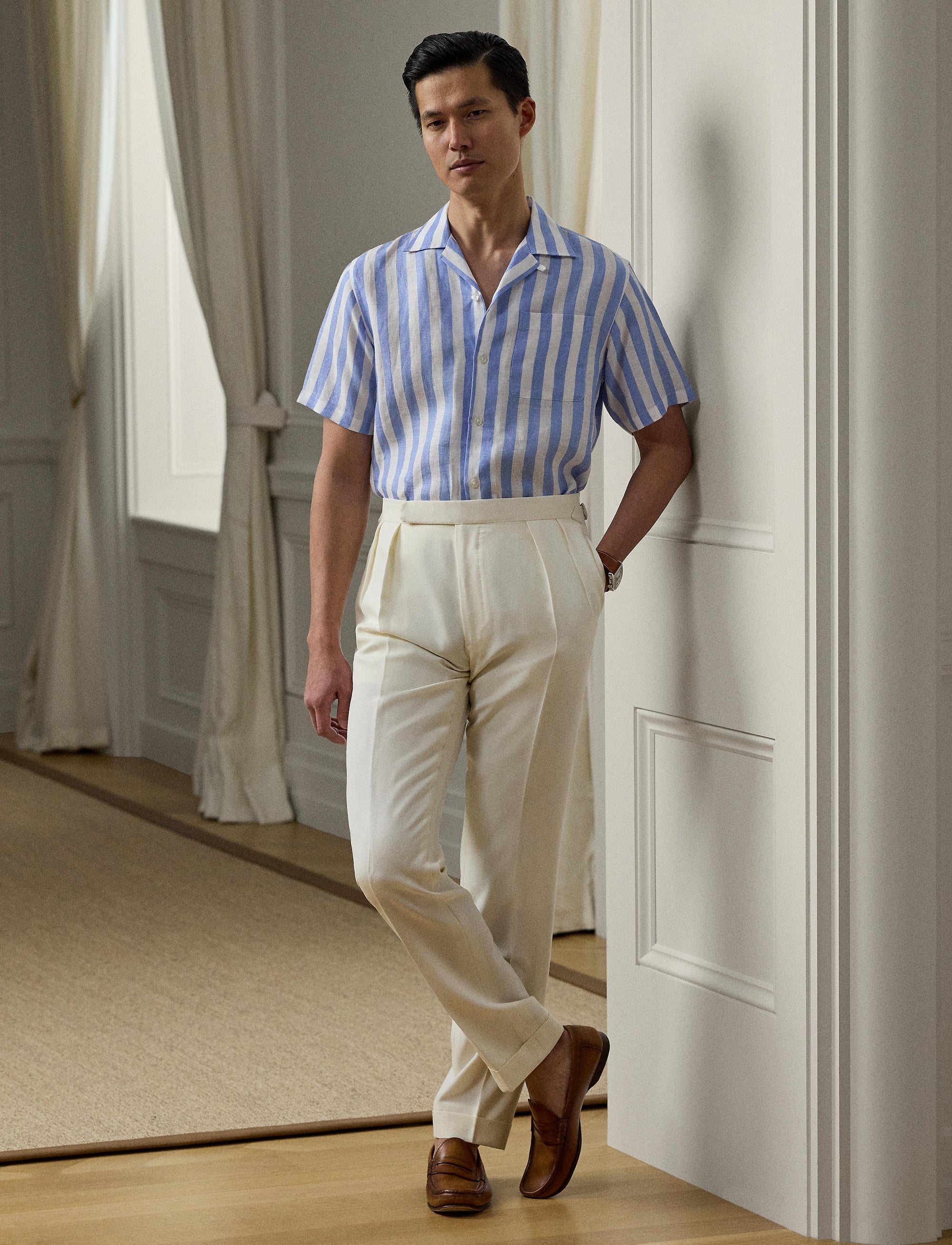 Chemise safari rayée en lin - Cornflower Blue & White