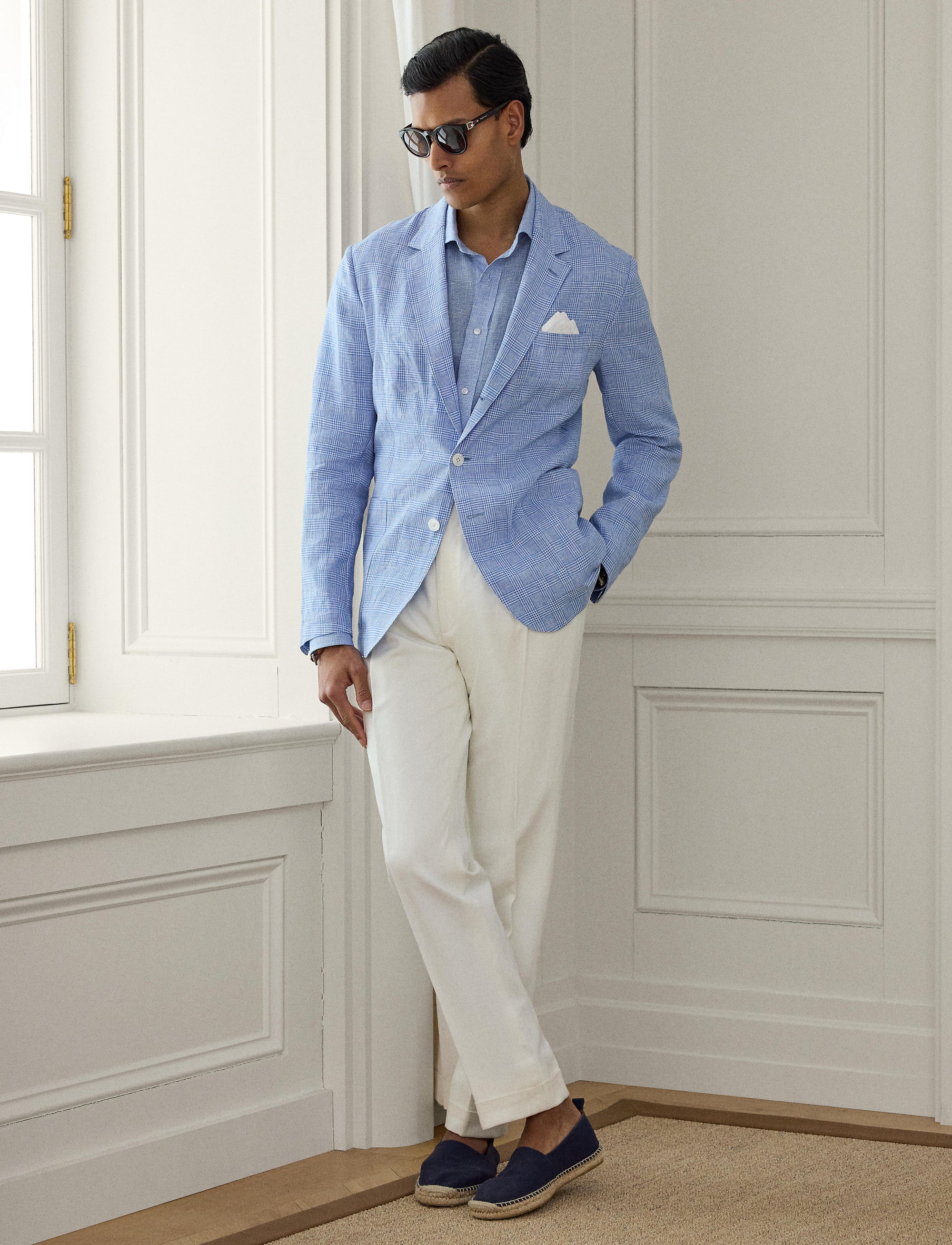 Linen micro houndstooth shirt - Cornflower Blue & White