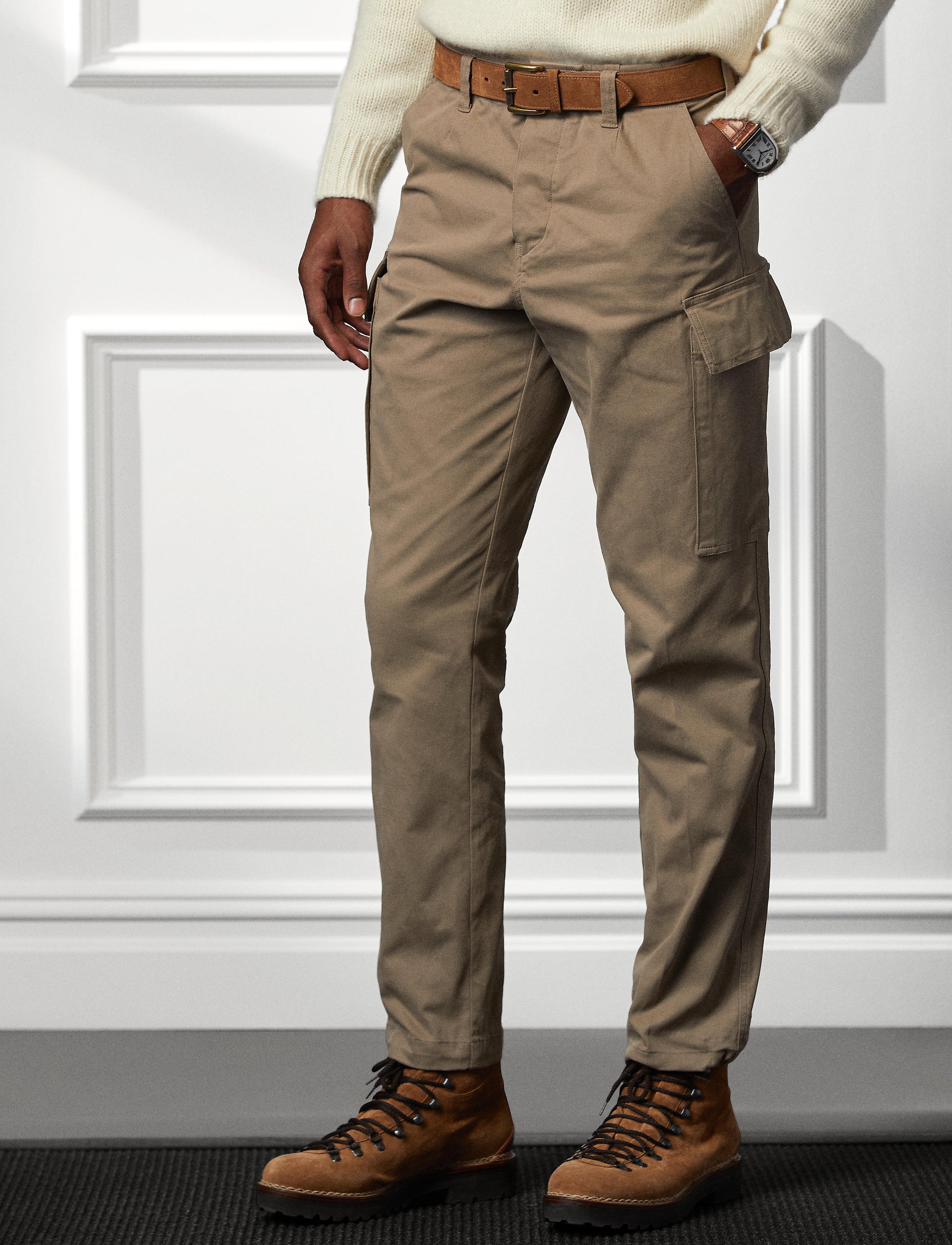 Cotton blend stretch cargo trousers - Taupe