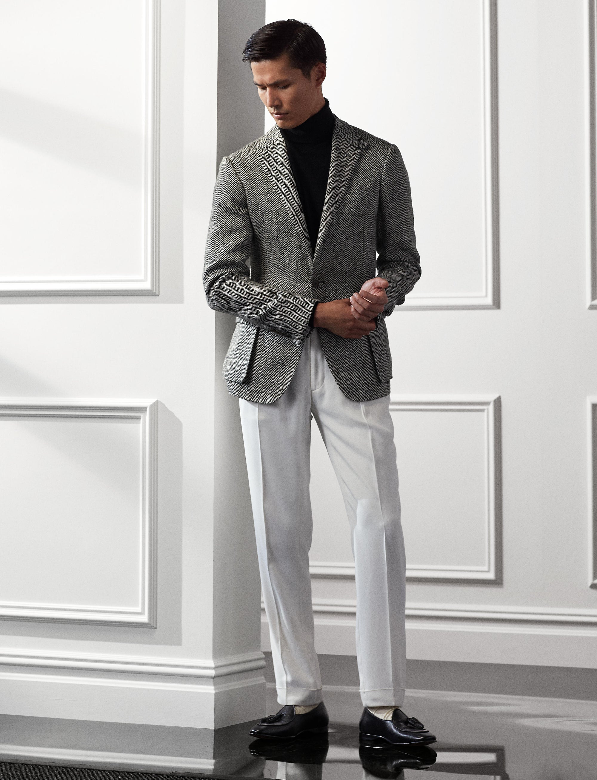 Kent herringbone blazer in linen and silk blend - Cream & Black