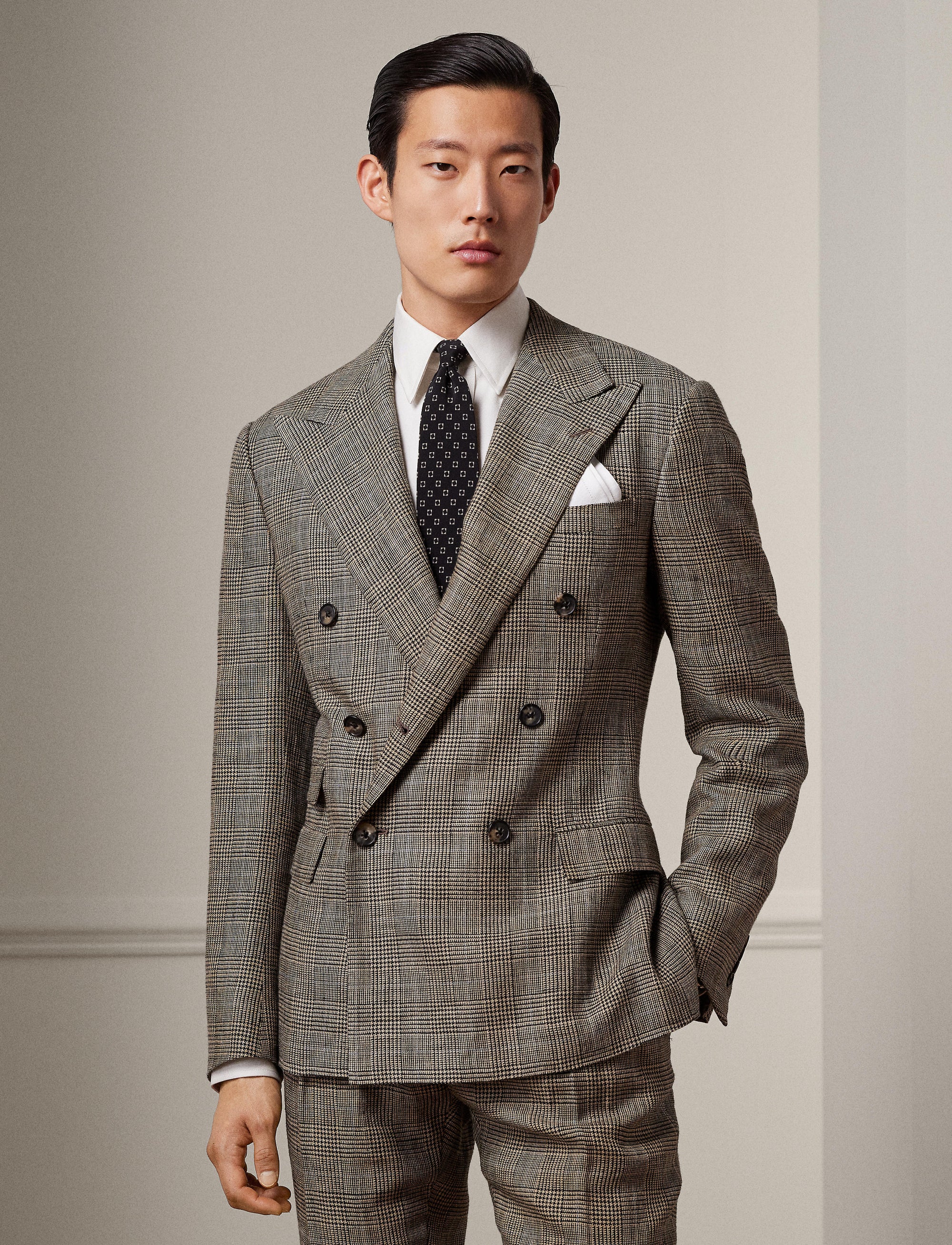 Ralph tartan suit in silk and linen blend - Vintage Cream & Black With Blue Deco