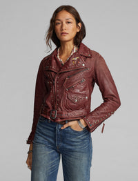 Veste moto cloutée en cuir - Vintage Red
