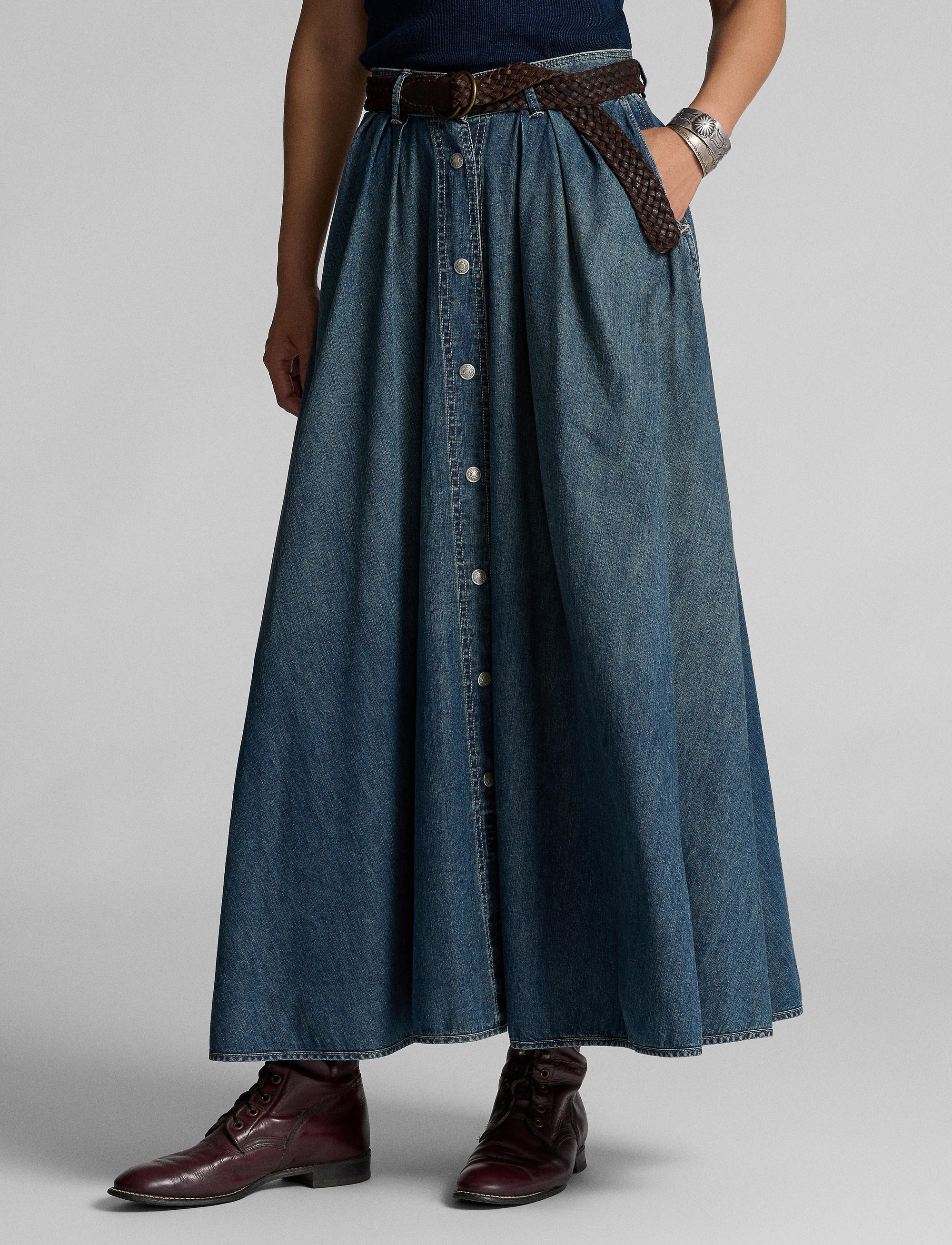 Jupe plissée en denim indigo - Medium Indigo