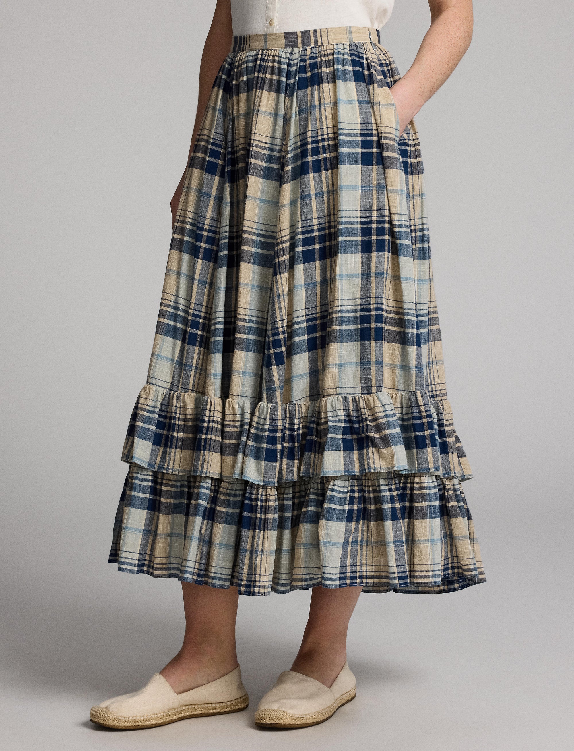 Indigo tartan skirt in cotton voile - Indigo & Multicolour