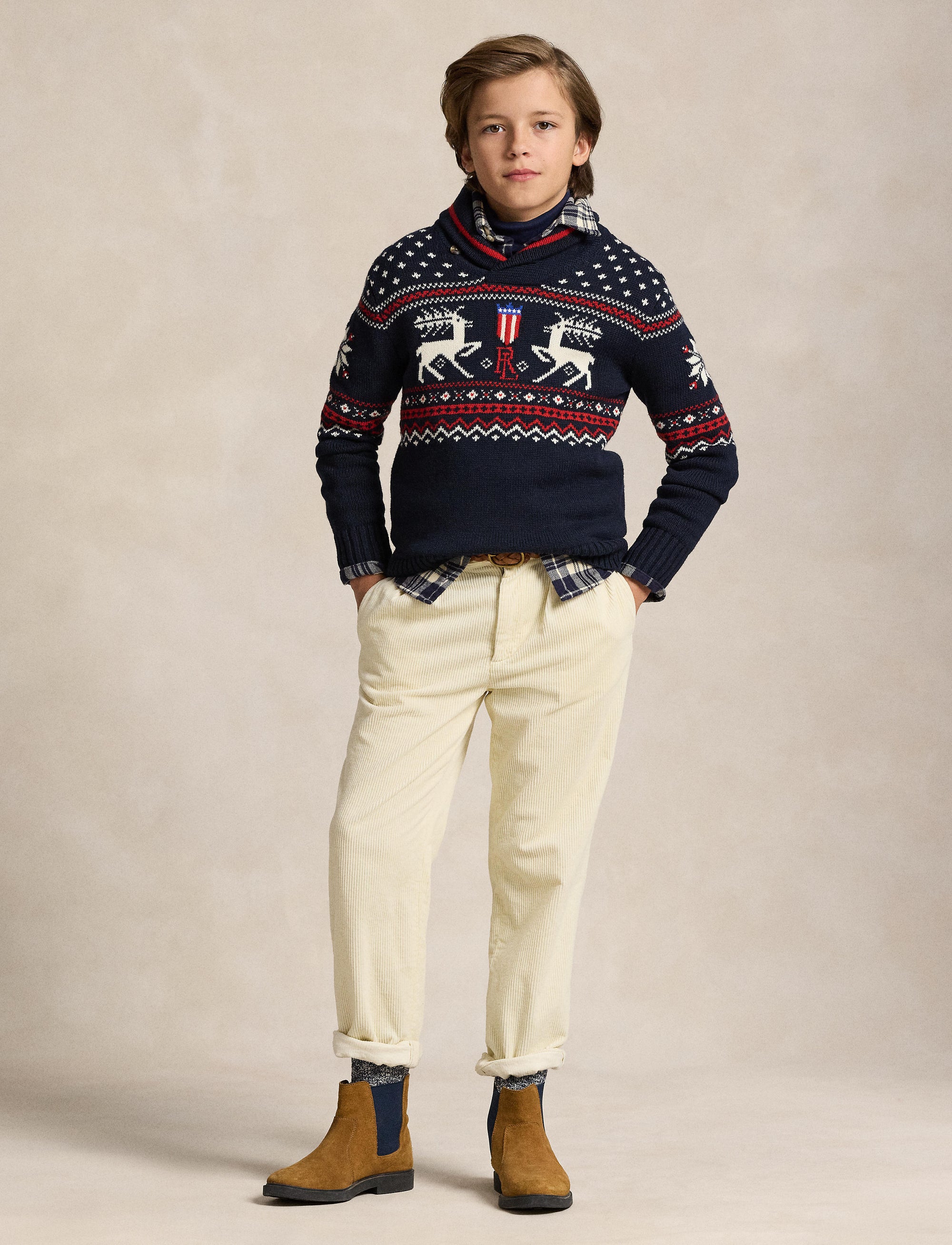Reindeer shawl collar jumper - Navy Combo