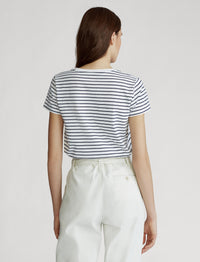 T-shirt rayé col en V en coton - White & Newport Navy