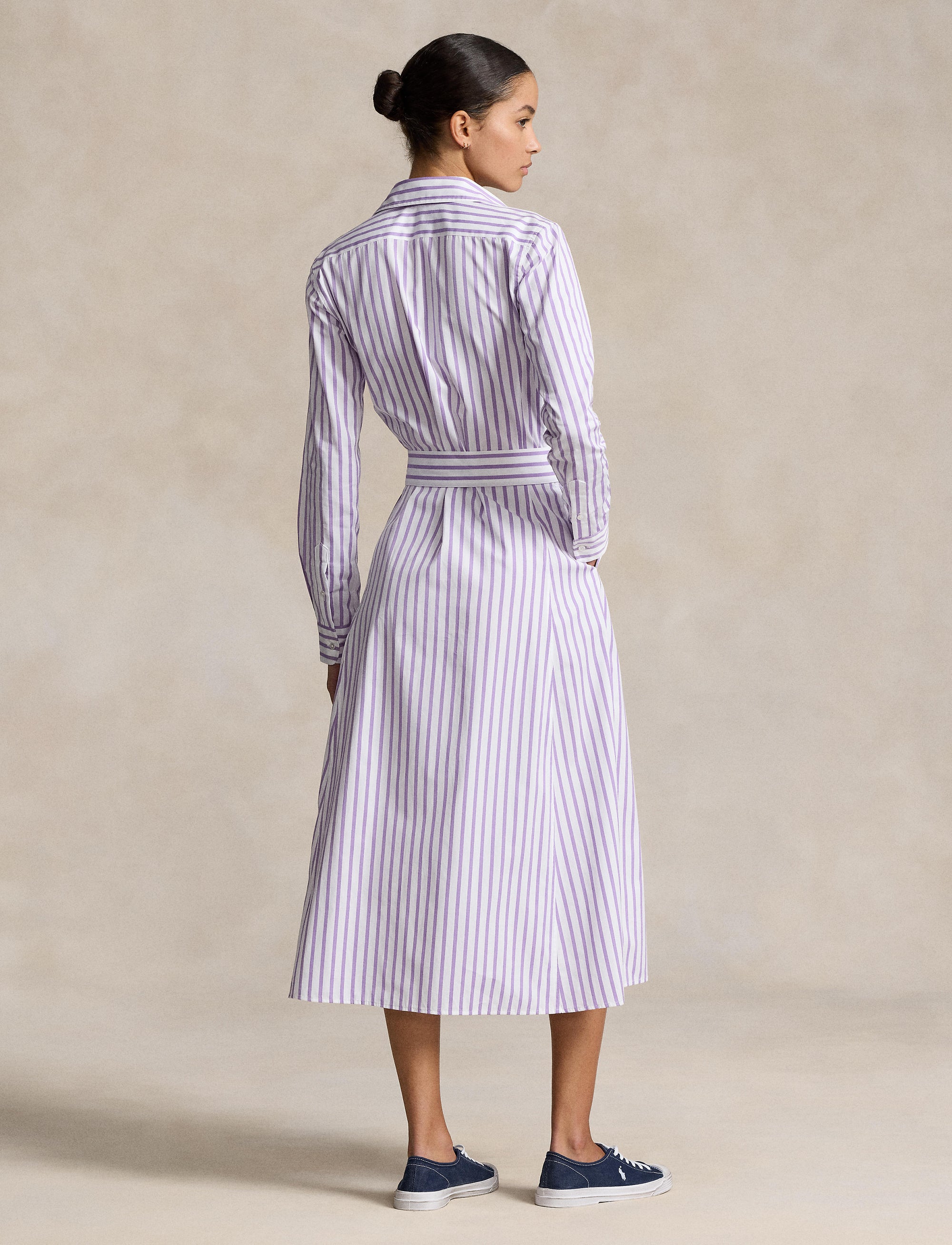 Belted cotton striped shirt-dress - White & Purple