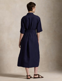 Belted silk and blended shirt-dress - New Navy