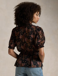 Basque blouse in floral georgette - Sunset Bloom
