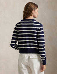 Cardigan rayé à col rond en coton - Navy, White & Multicolore