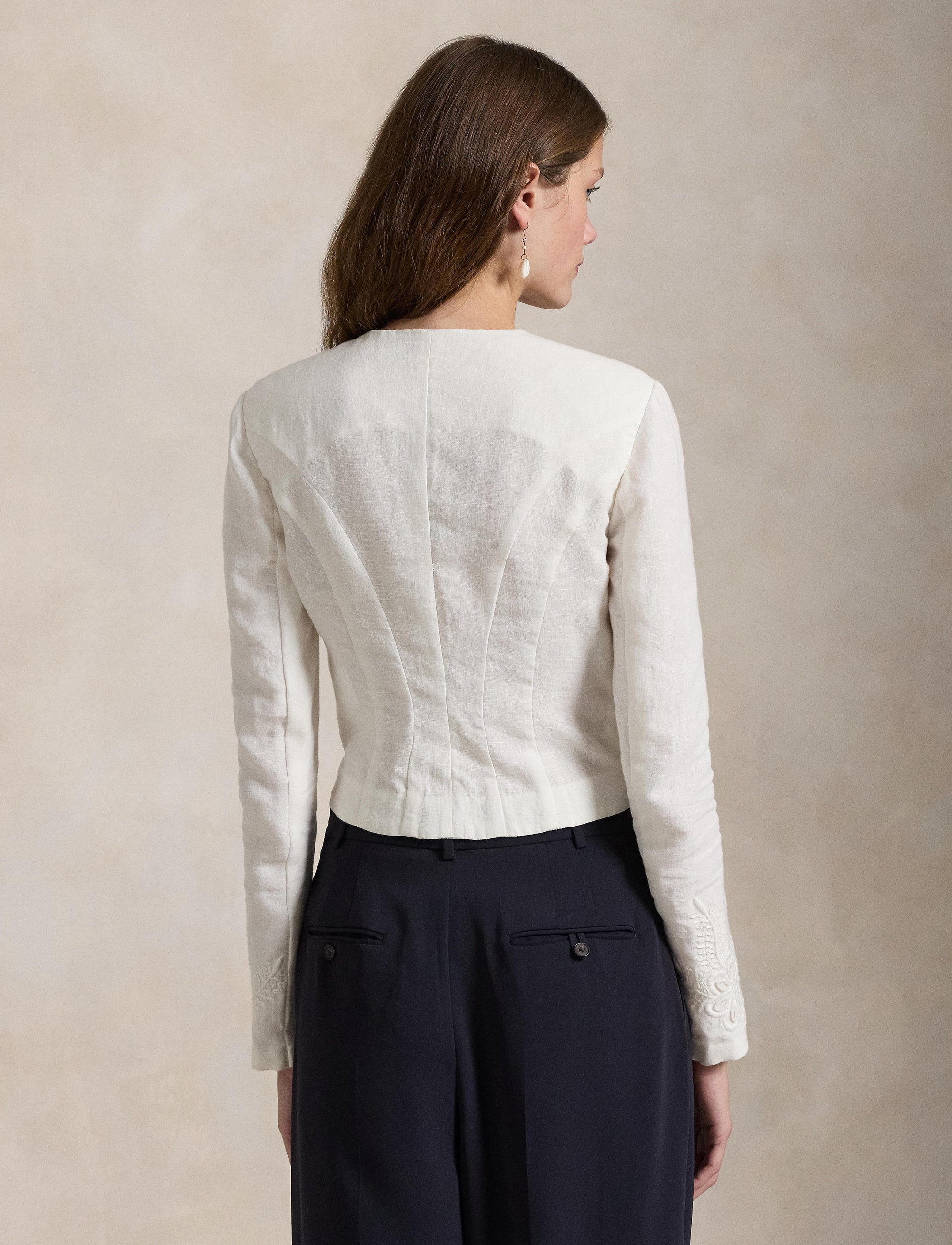Veste à broderie fleurie en lin - Cream