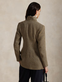 Linen and silk blend herringbone mock neck jacket - Brown & Cream Herringbone