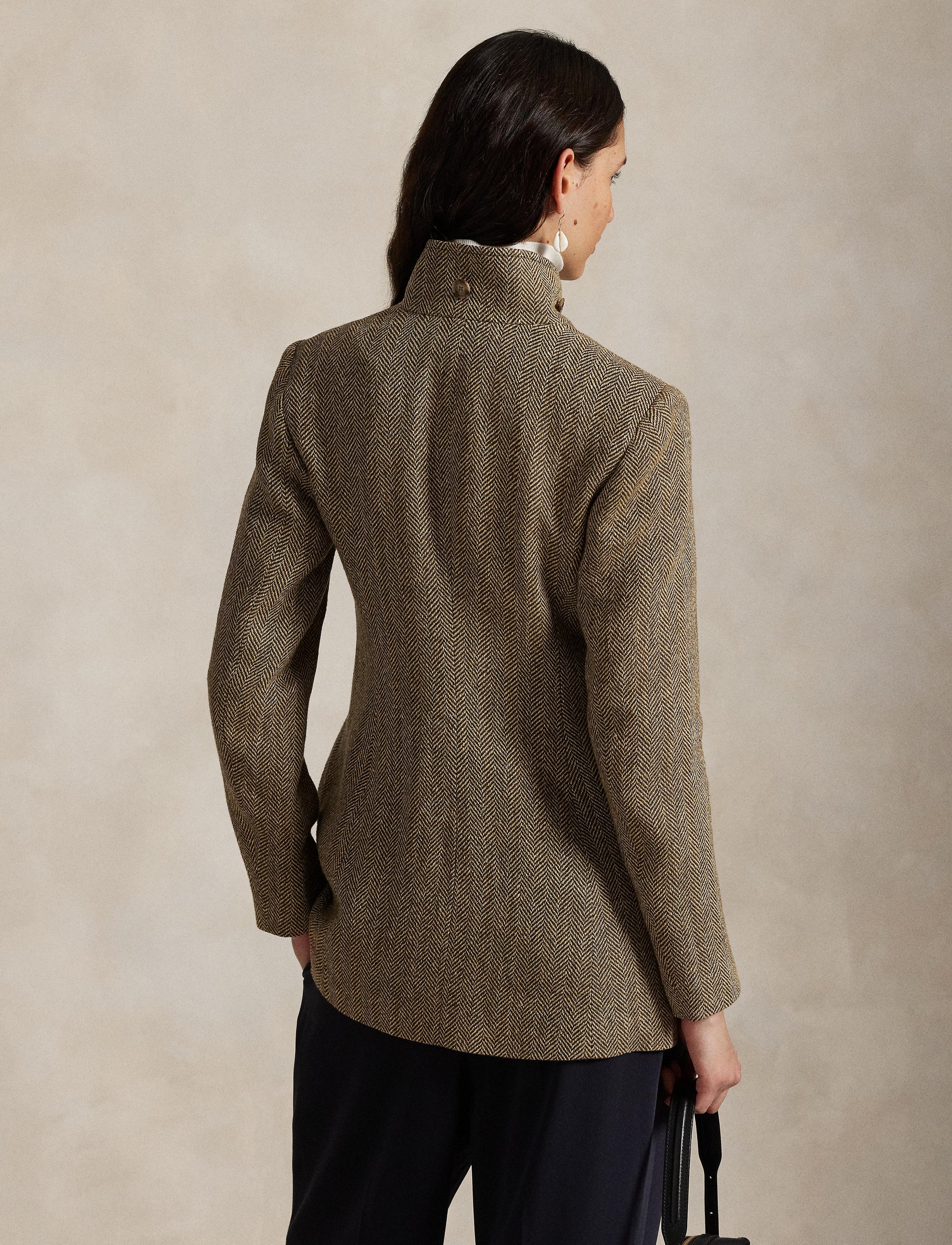 Linen and silk blend herringbone mock neck jacket - Brown & Cream Herringbone