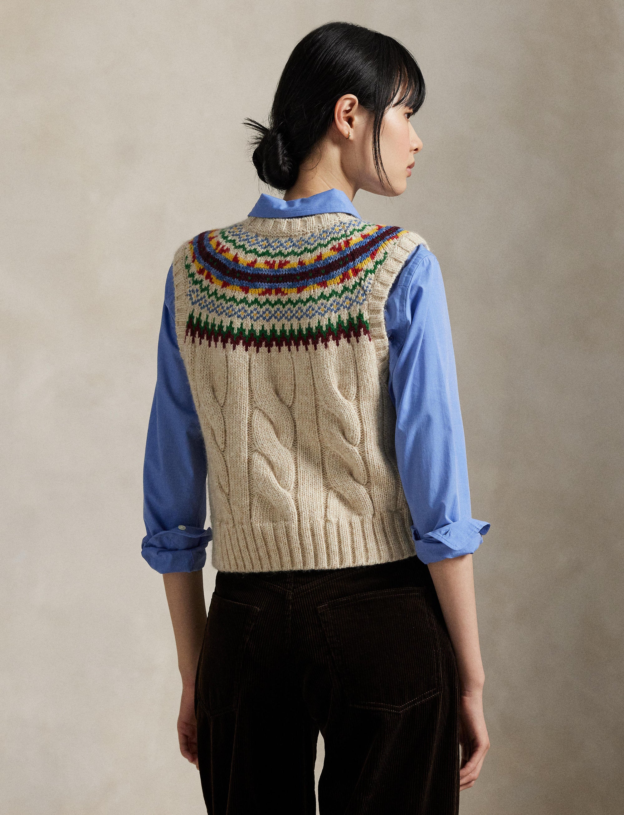 Tank jumper with Fair Isle yoke - Tan & Multicolour