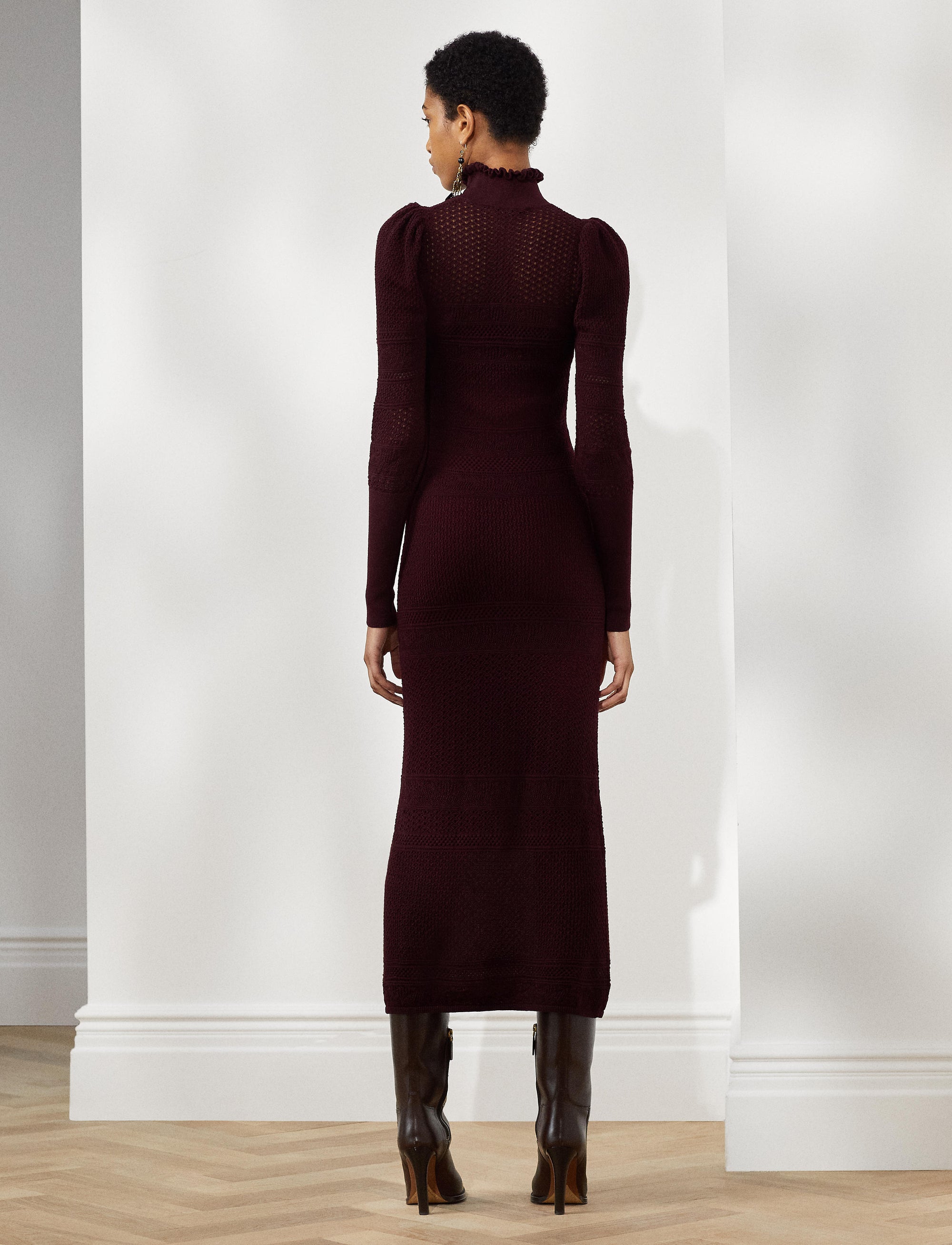 Robe-pull de cocktail manches bouffantes en soie et cachemire mélangé - Bordeaux