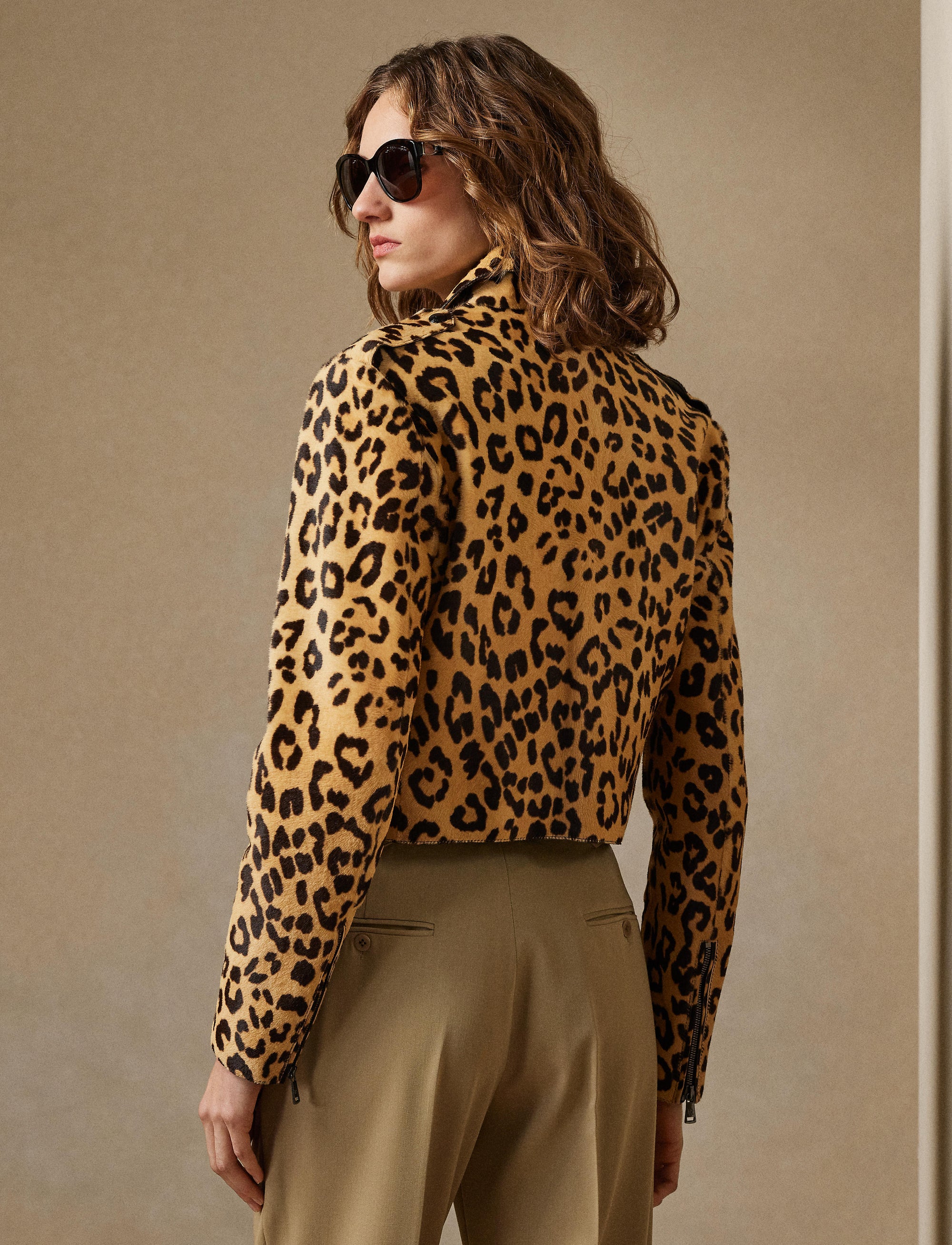 Veste Bevelyn motif léopard en cuir - Tan, Black & Cream