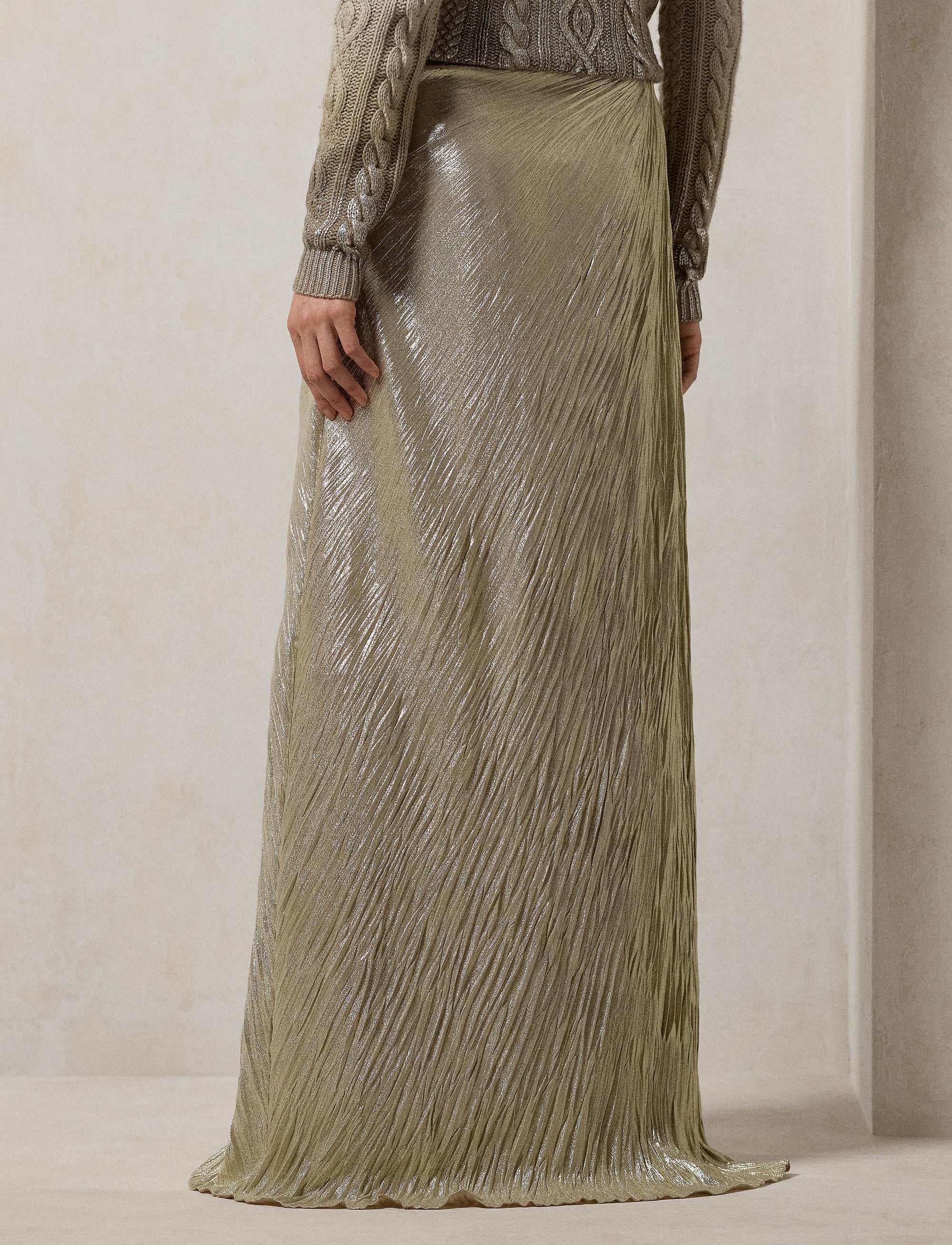 Metallic pleated Duvall skirt - Quartz Tan