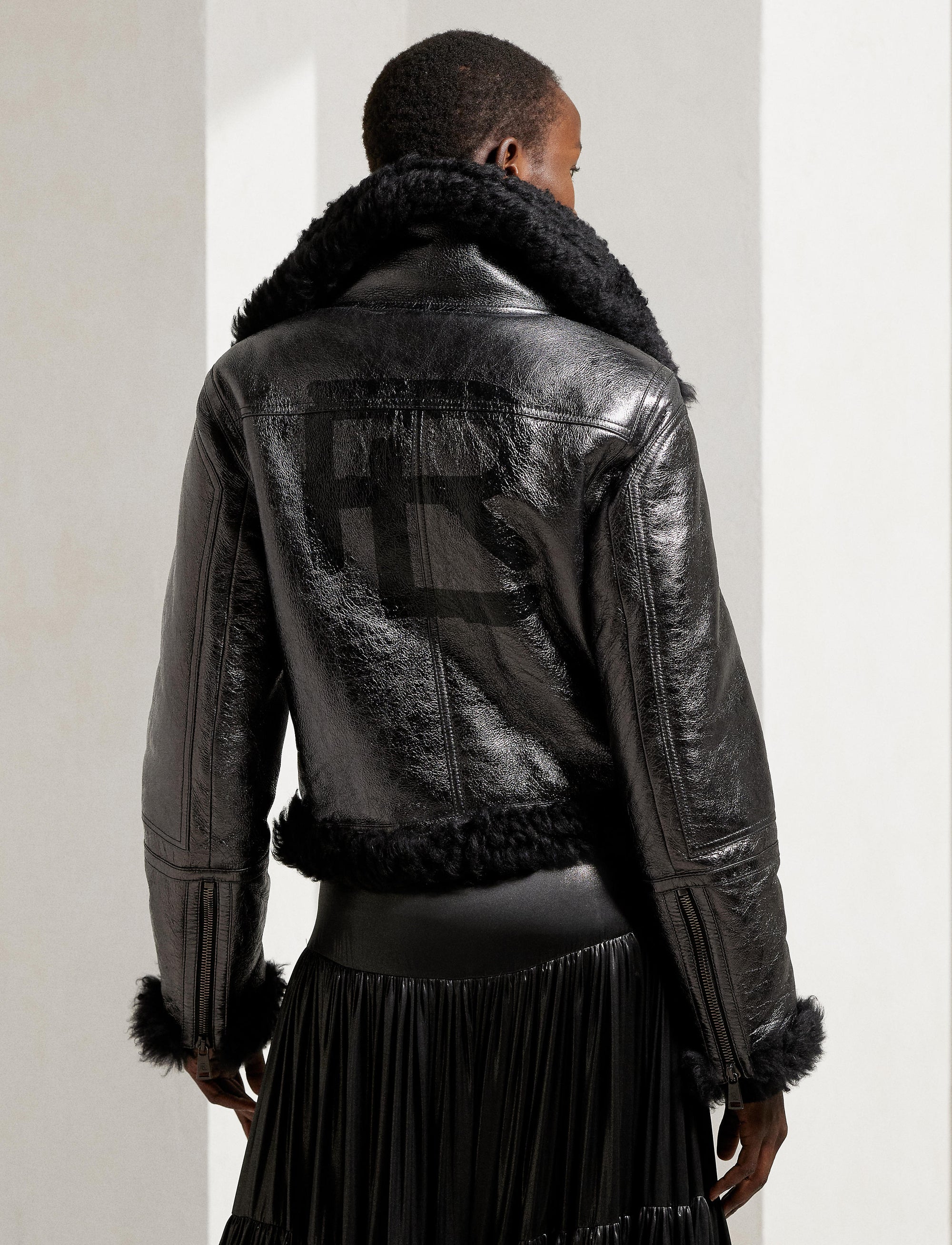 Veste motard Etienette à fermetures zippées en cuir - Gunmetal & Black
