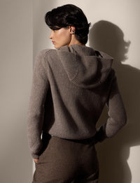 Wool and cashmere blend ribbed hoodie - Light Truffle Melange