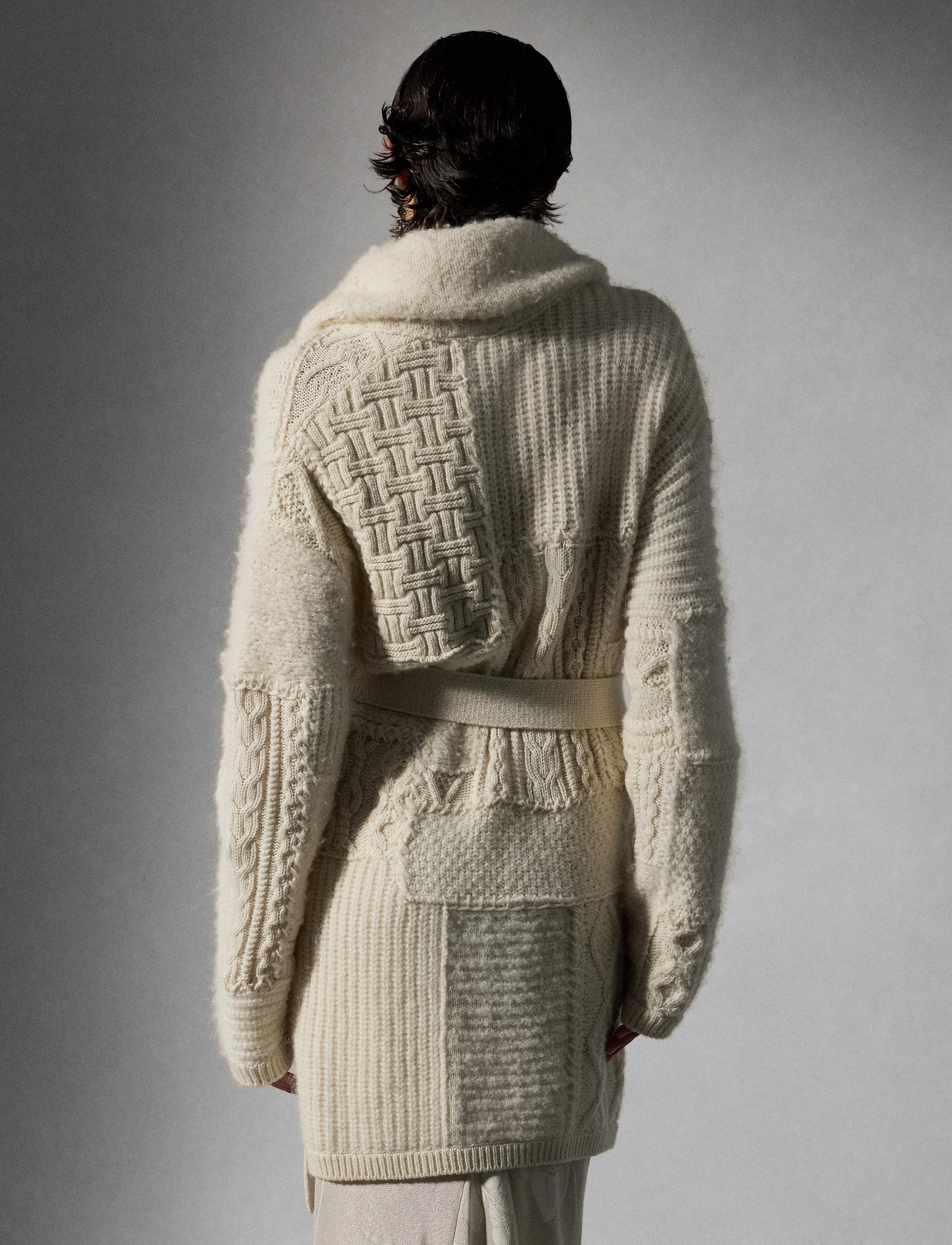 Wool cashmere blend patchwork cardigan with shawl collar - Classic Cream